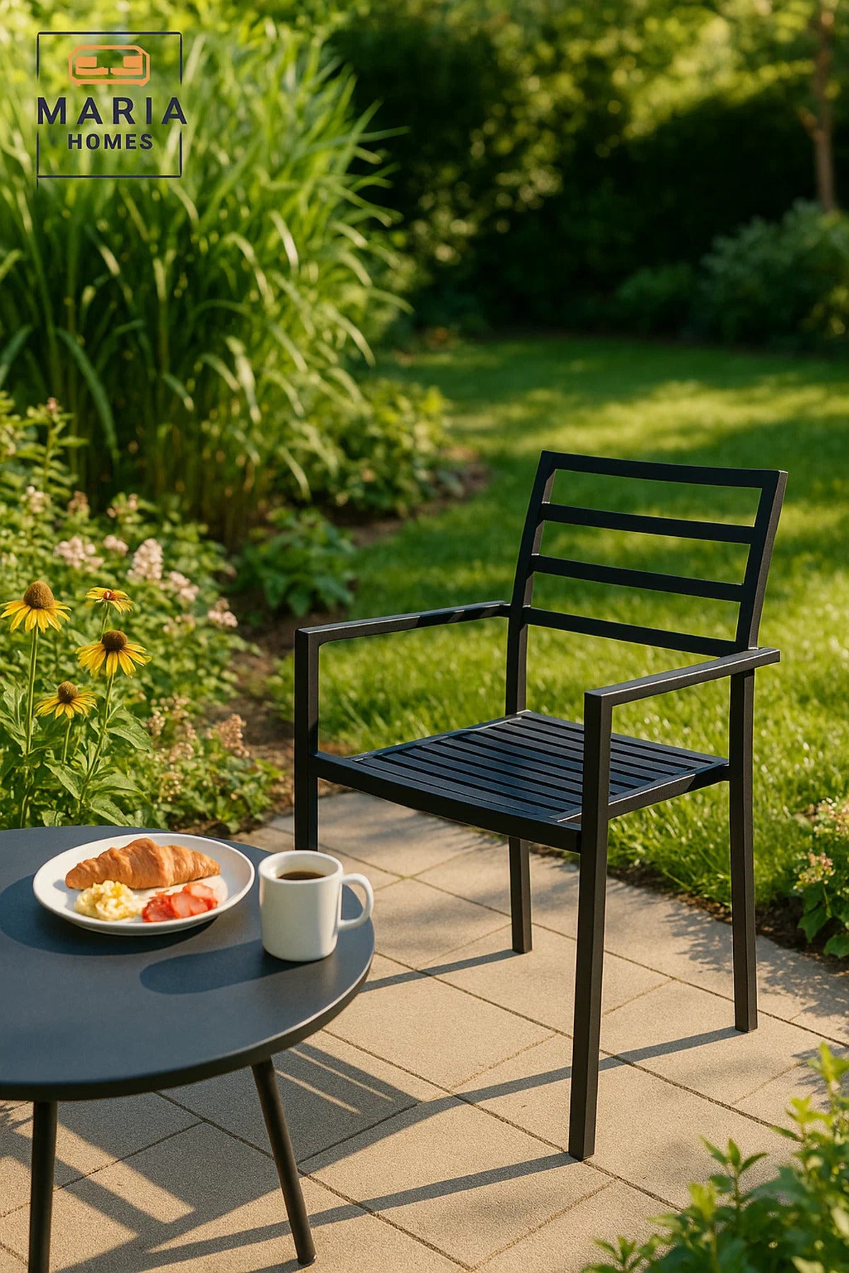 Black Garden Chair Outdoor Patio Dining Armchair Modern Metal Frame for Balcony and Cafe