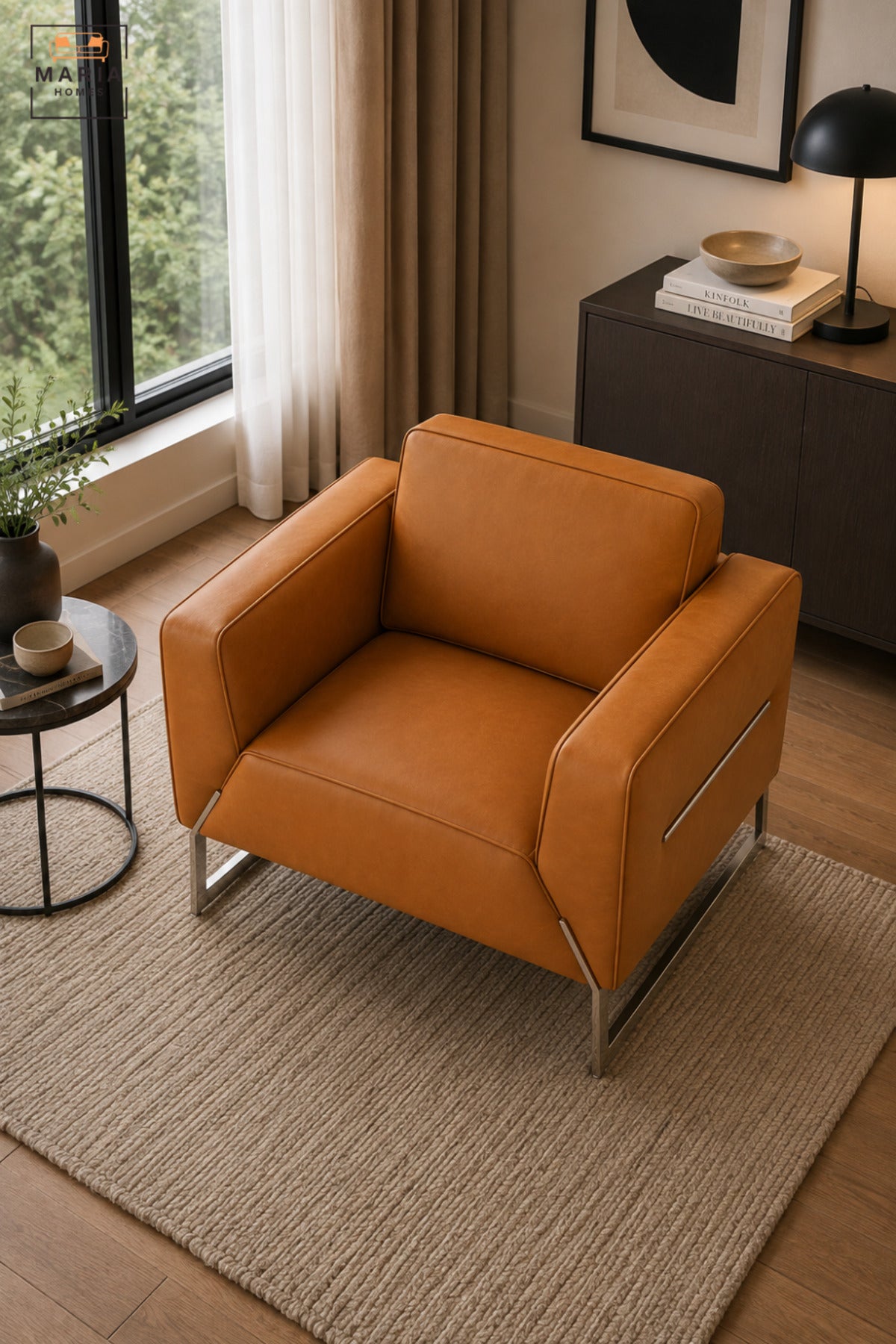 Modern Tan Leather Armchair with Stainless Steel Sled Base, Wide Padded Seat & Armrests, Contemporary Accent Lounge Chair for Living Room Office Reception