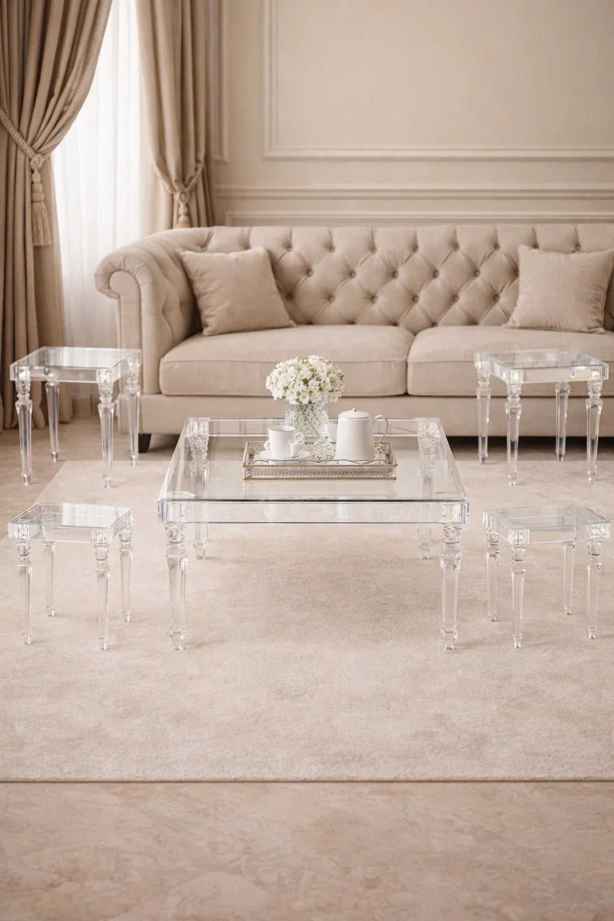 Elegant Transparent Acrylic Living Room Set 5-Piece Square Coffee Table with 4 End Tables