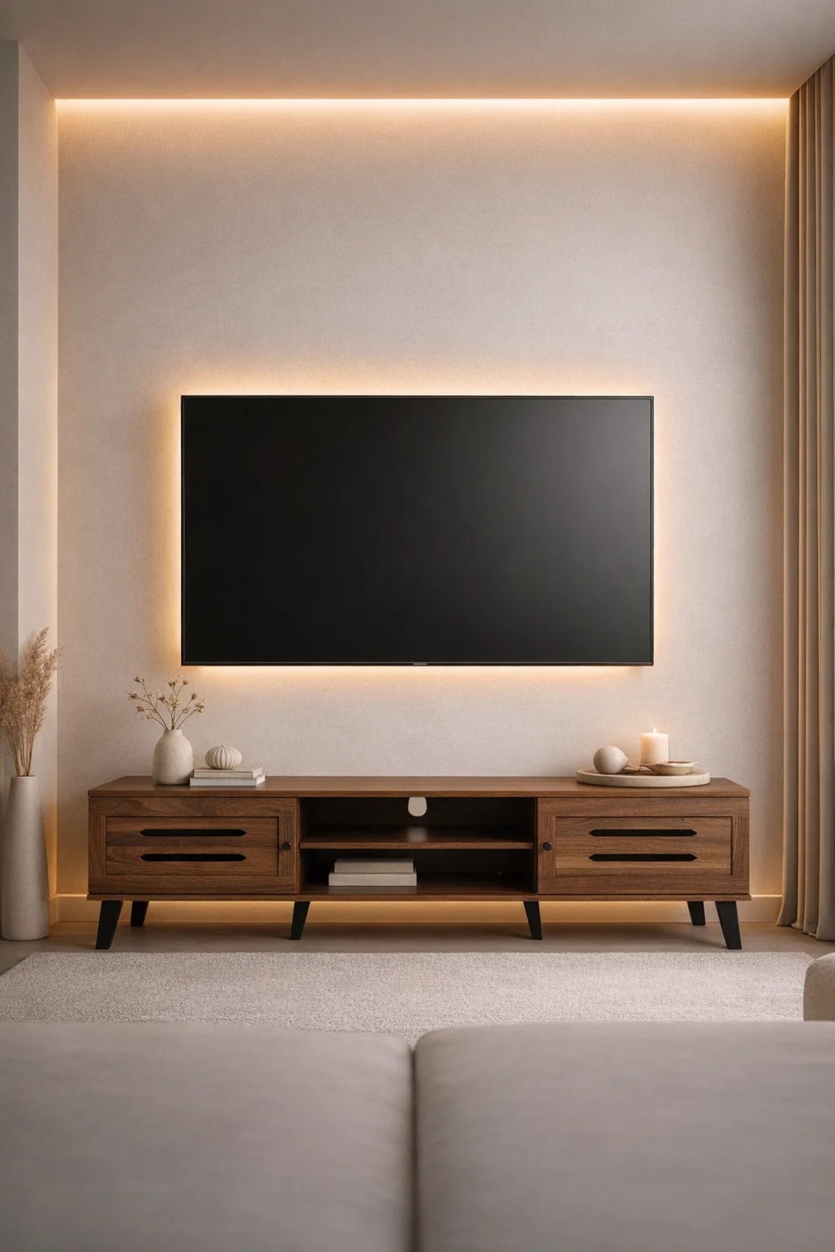 Modern Wooden TV Stand Dark Brown with Slotted Front Design 180 x 40 x 44 cm