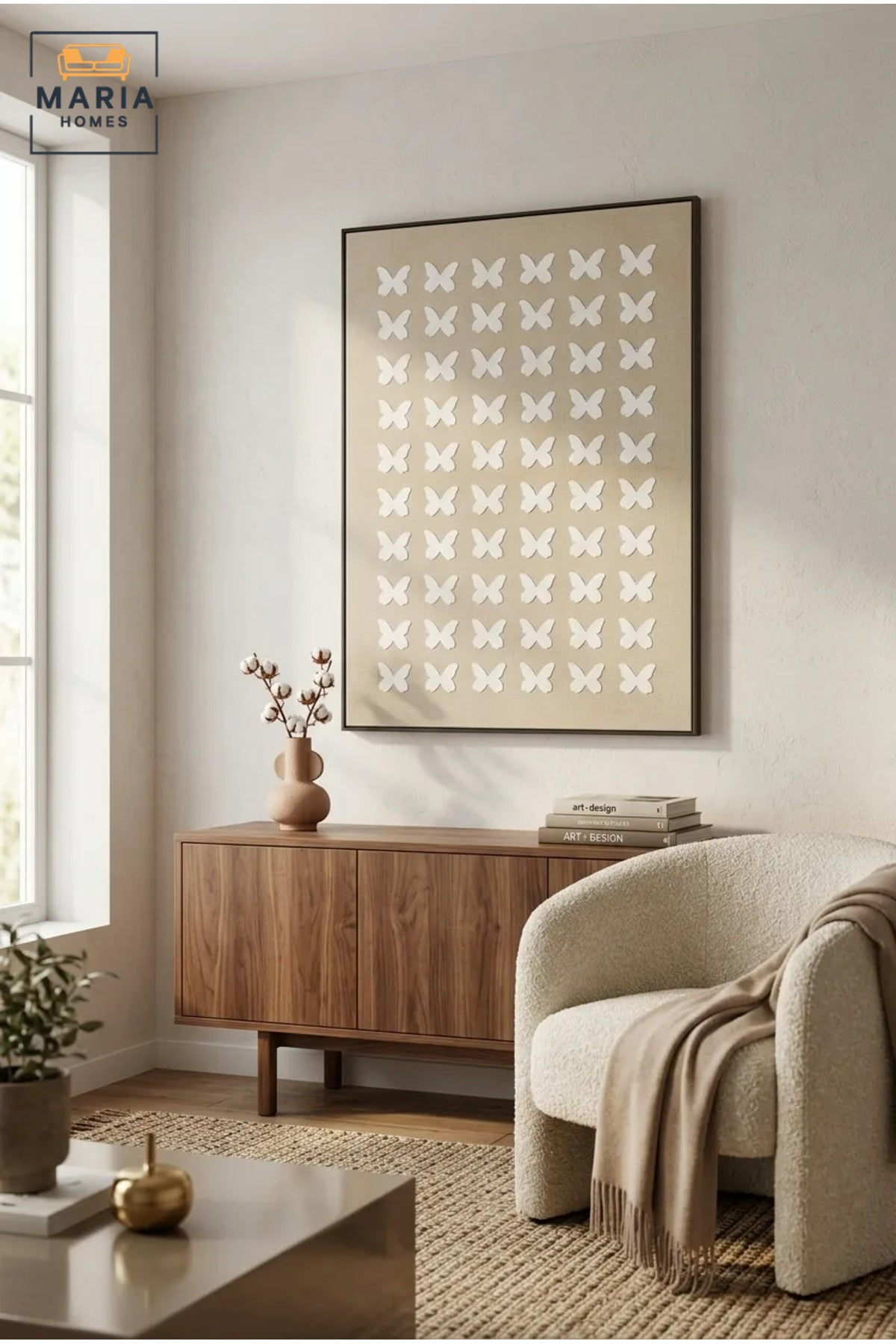 Modern Butterfly Textured Wall Art with Slim Black Frame, White Pattern on Neutral Beige Canvas for Living Room, Bedroom, Hallway and Office Décor