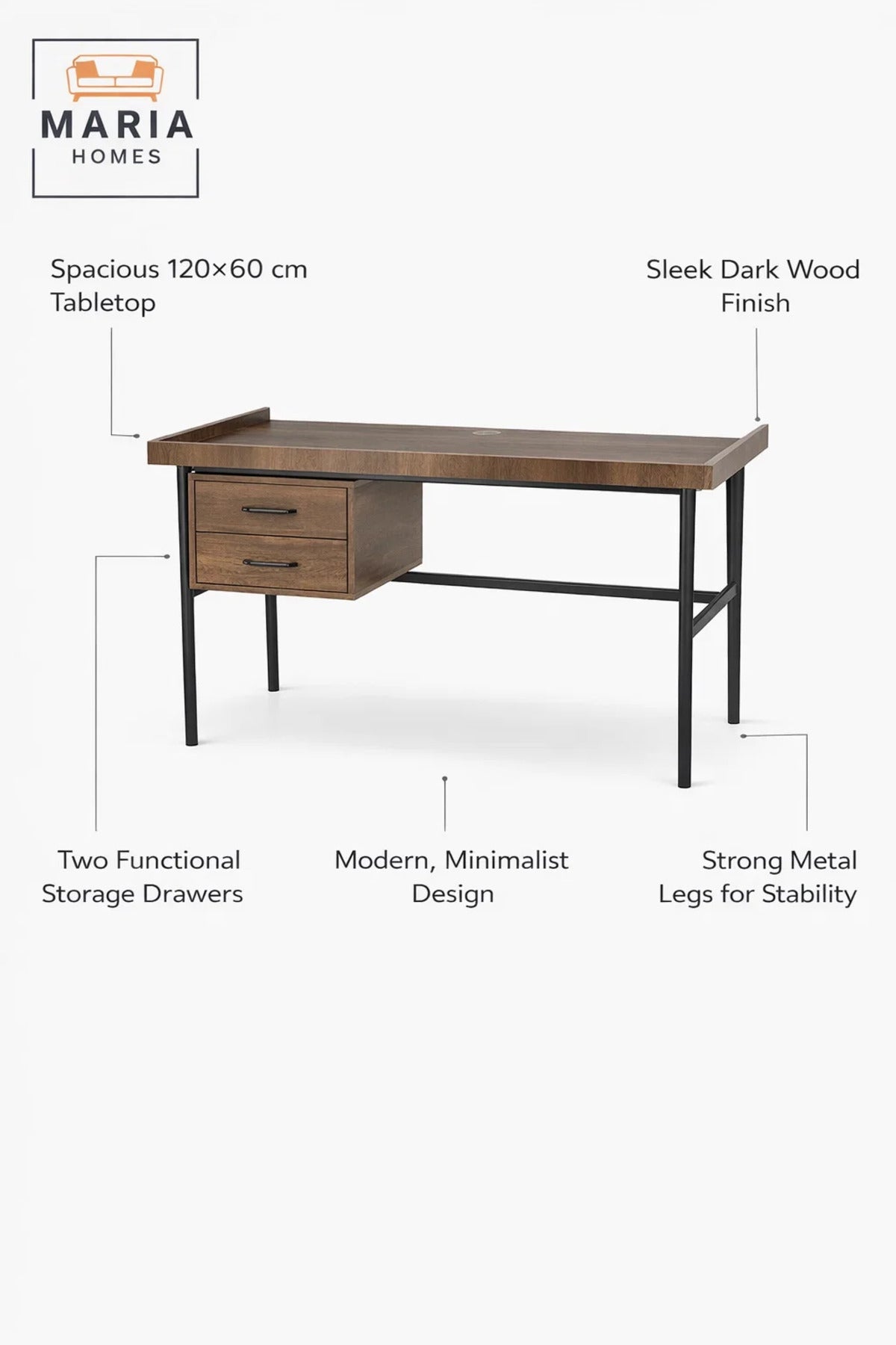 Dark Wood Office Desk 120_60_79 cm √ê Modern Work Desk with Storage Drawers