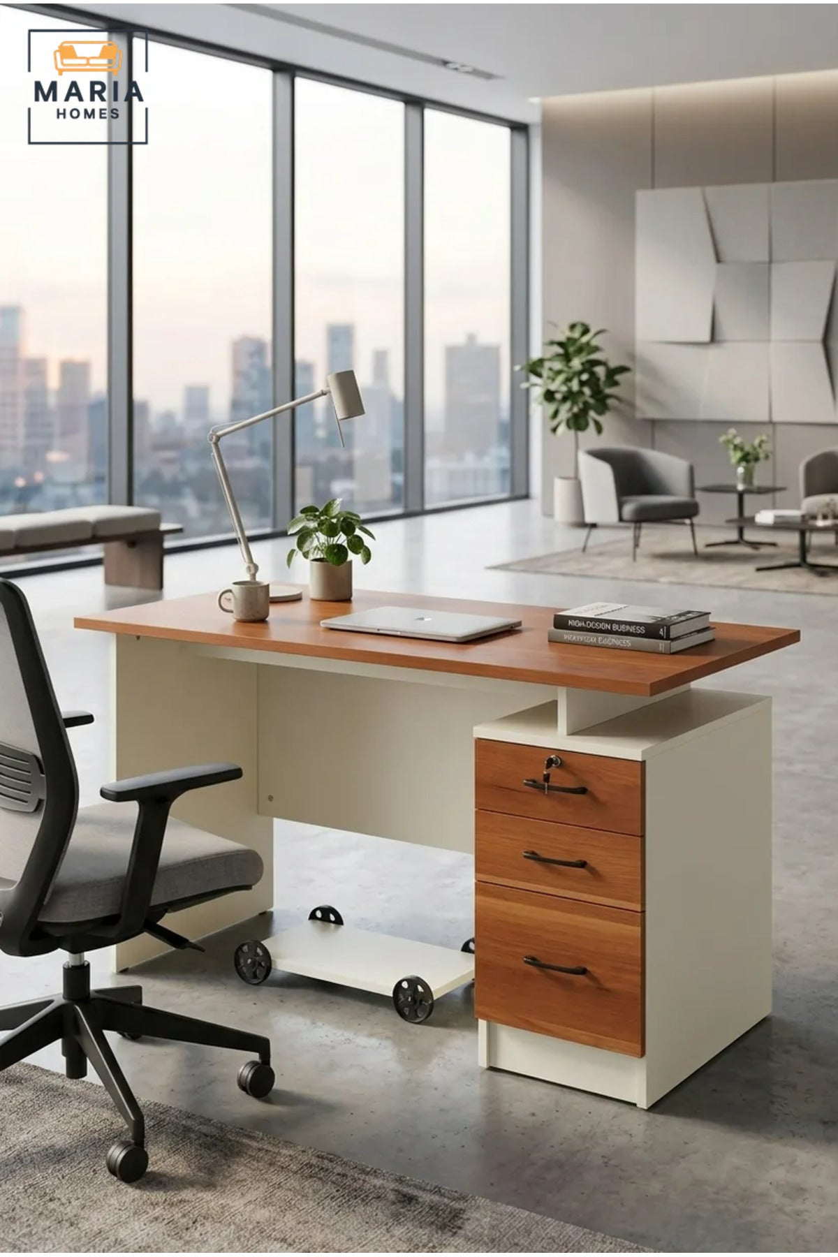 Modern Office Desk with Wooden Top, Lockable Drawers and Mobile CPU Stand, Computer Workstation for Home Office, Study Room and Workplace