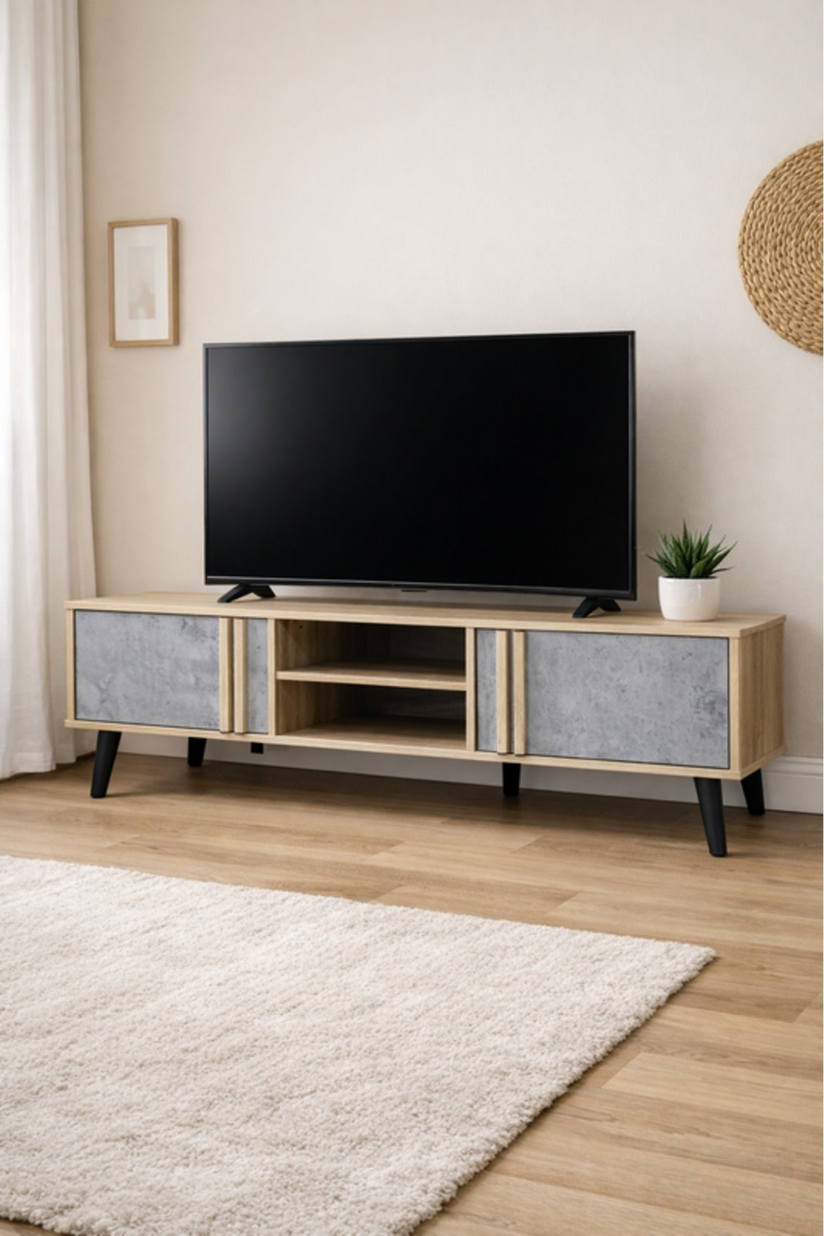 Modern Wood and Grey TV Stand with Storage 180 _ 40 _ 45 cm
