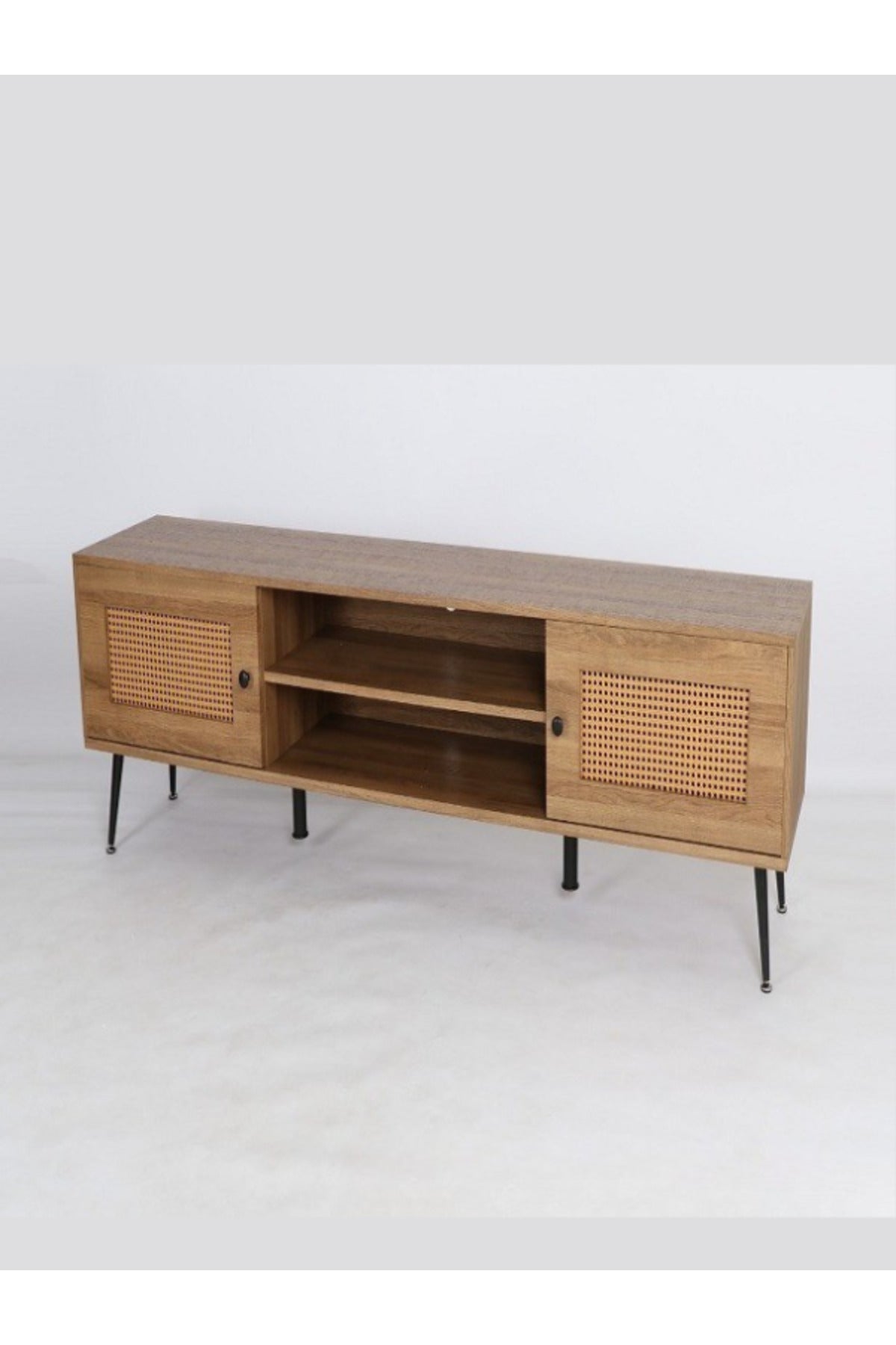 Brown Wooden TV Stand with Rattan Doors | Modern TV Cabinet with Shelves & Storage | 200_40_50 cm