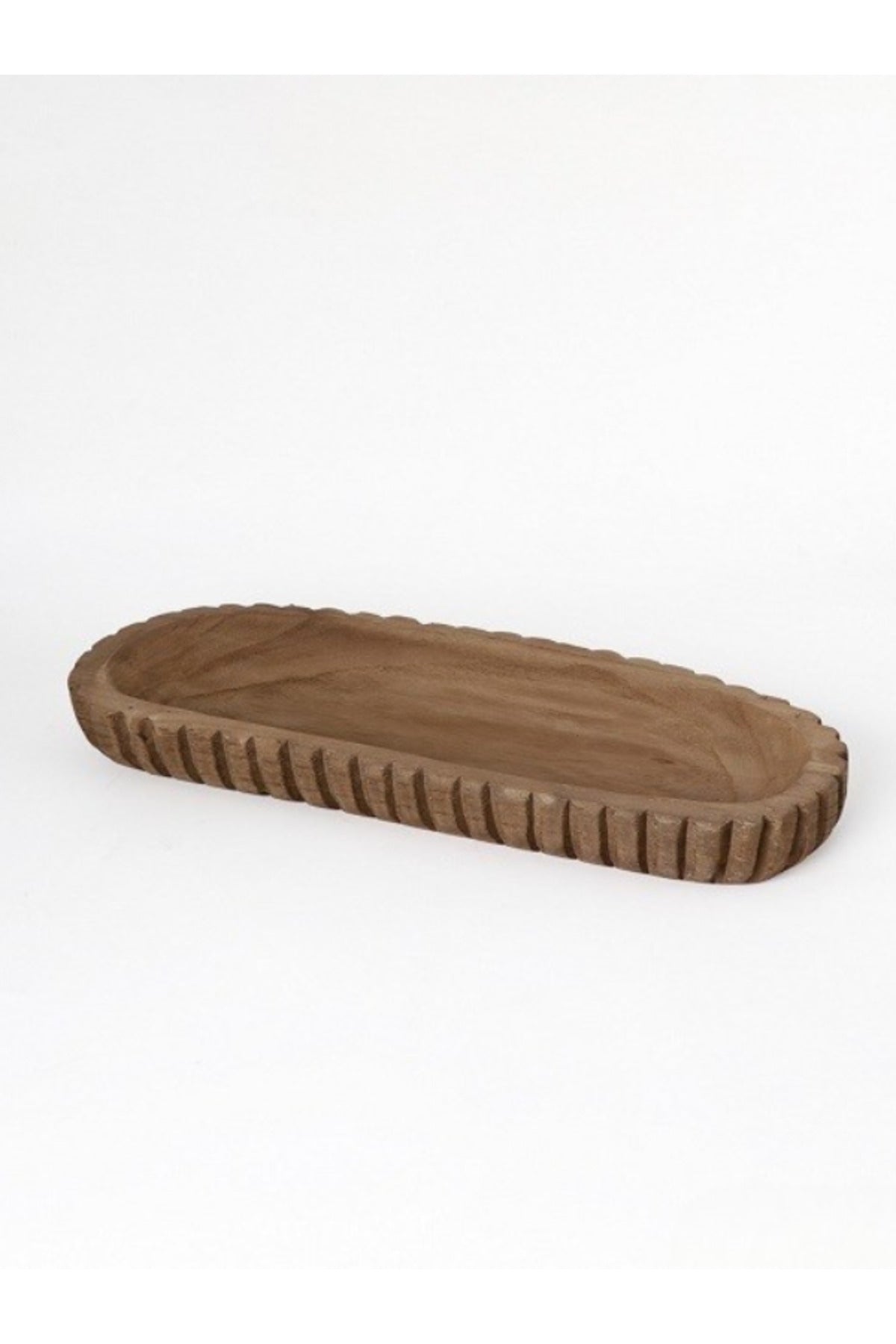 Walnut Wooden Ribbed Decorative Tray Ð Modern Long Table Centerpiece