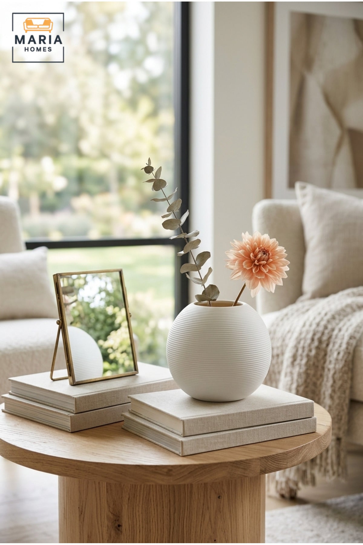 Modern Decorative Flower Vase with Round Shape, Wide Opening and Fine Ribbed Texture for Living Room, Bedroom, Office, Shelf and Console Table Décor