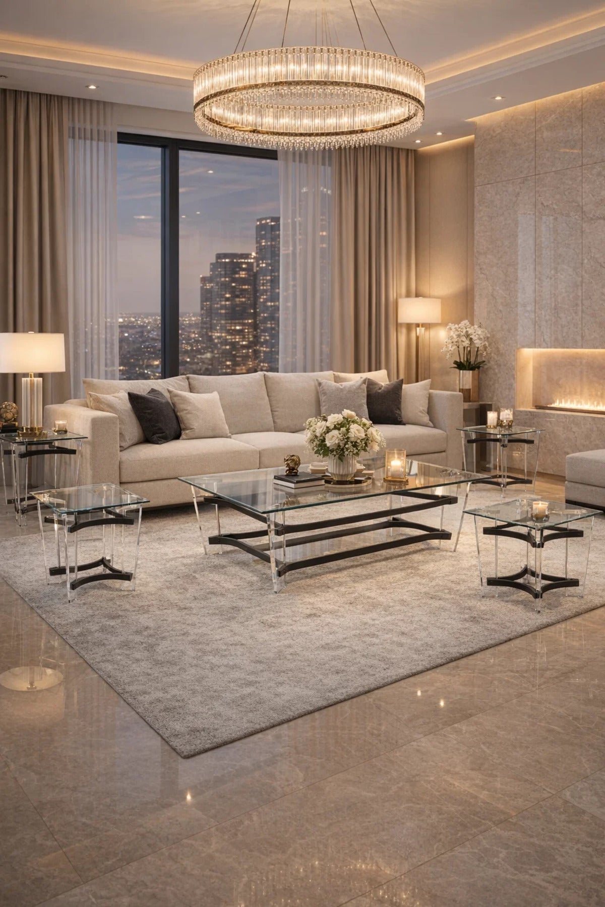 Modern 5-Piece Glass Coffee Table Set with Black Acrylic Base √ê Contemporary Living Room Set