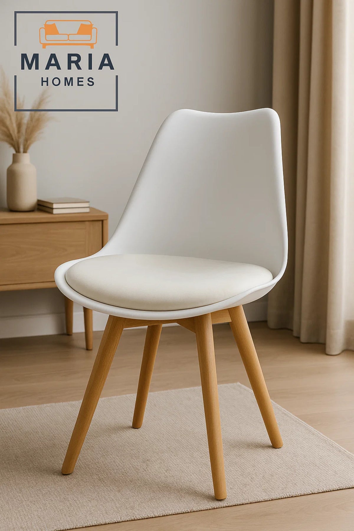 Modern White Dining Chair with Cushion Seat Ð Wooden Legs Scandinavian Style for Home or Office Use