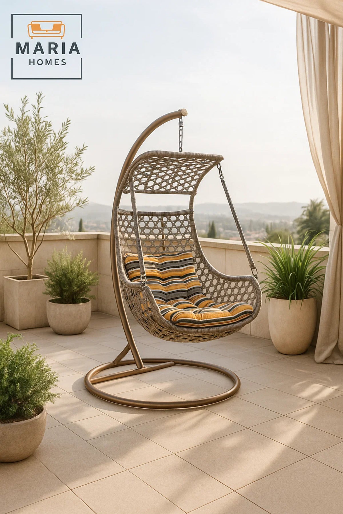 Rattan Hanging Swing Chair with Stand and Canopy for Indoor Outdoor Garden Balcony Patio Use