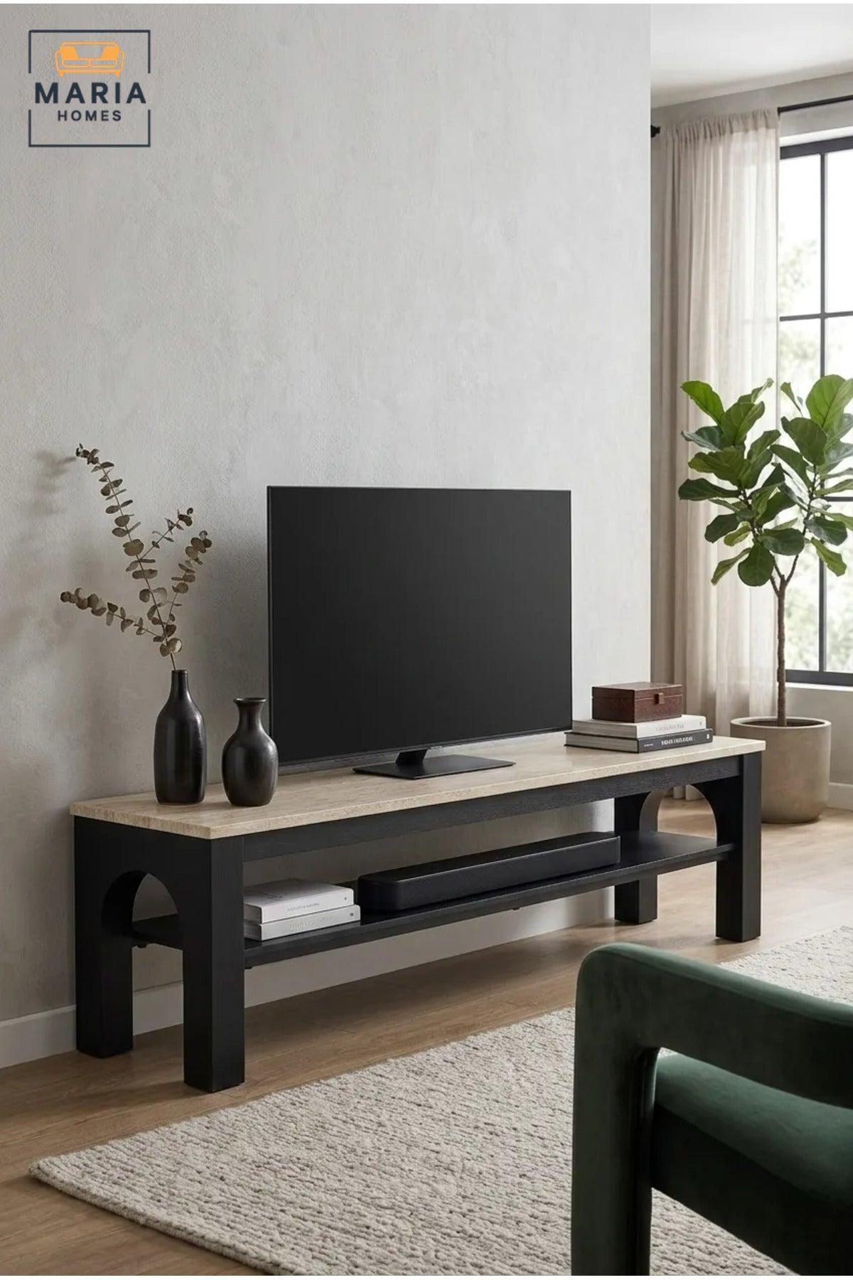 Modern TV Stand with Wooden Top and Open Storage Shelf, Long Entertainment Unit for Living Room, Bedroom, Media Room, Apartment and Lounge