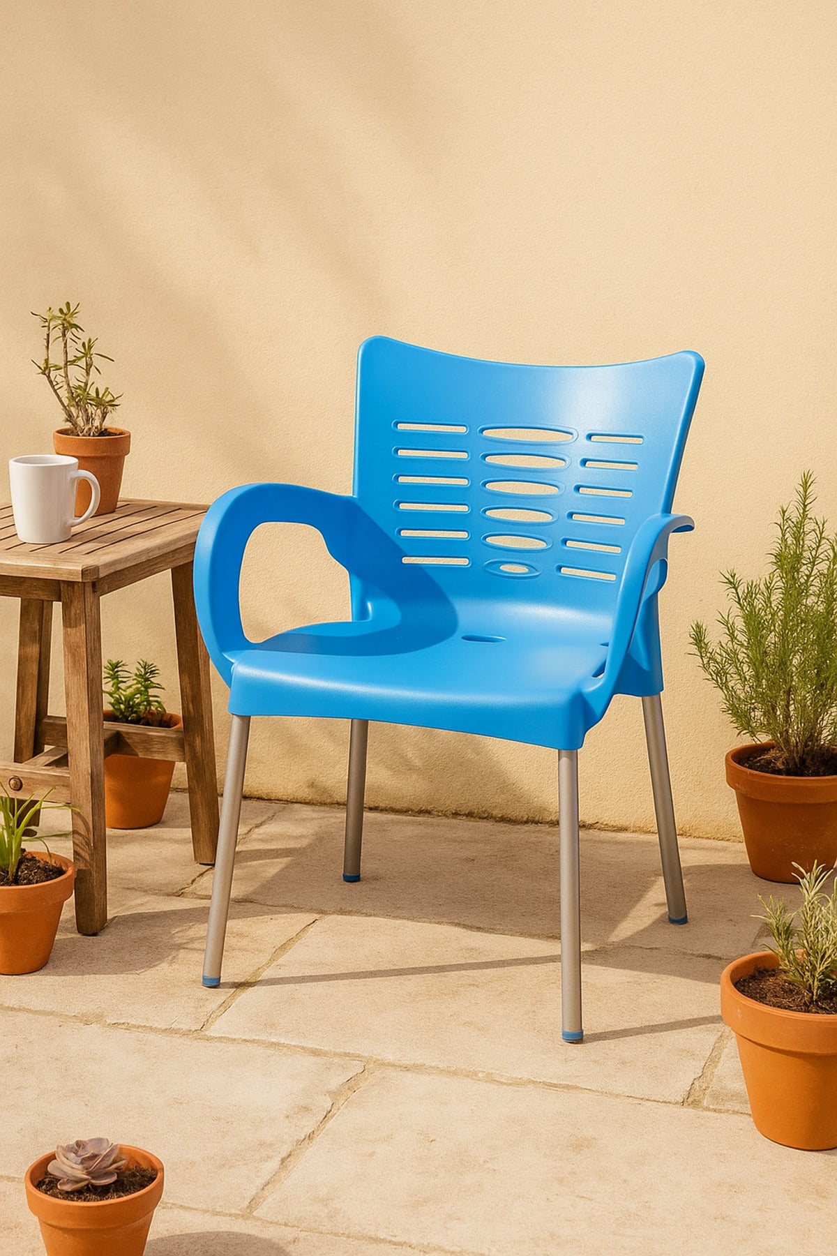 Modern Blue Plastic Outdoor Armchair for Garden Patio & Balcony Durable Stylish & Comfortable Design