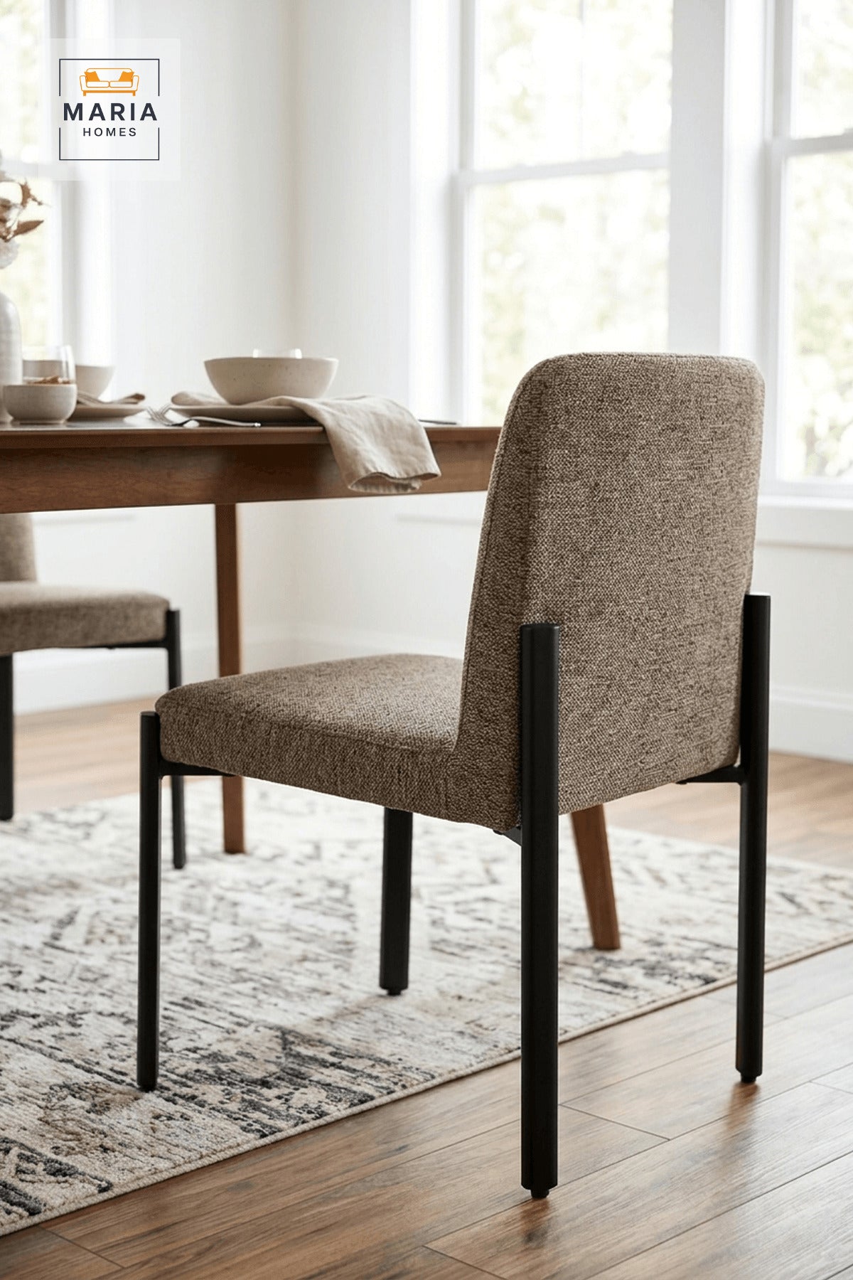 Modern Upholstered Dining Chair with Black Metal Legs in Coffee Brown