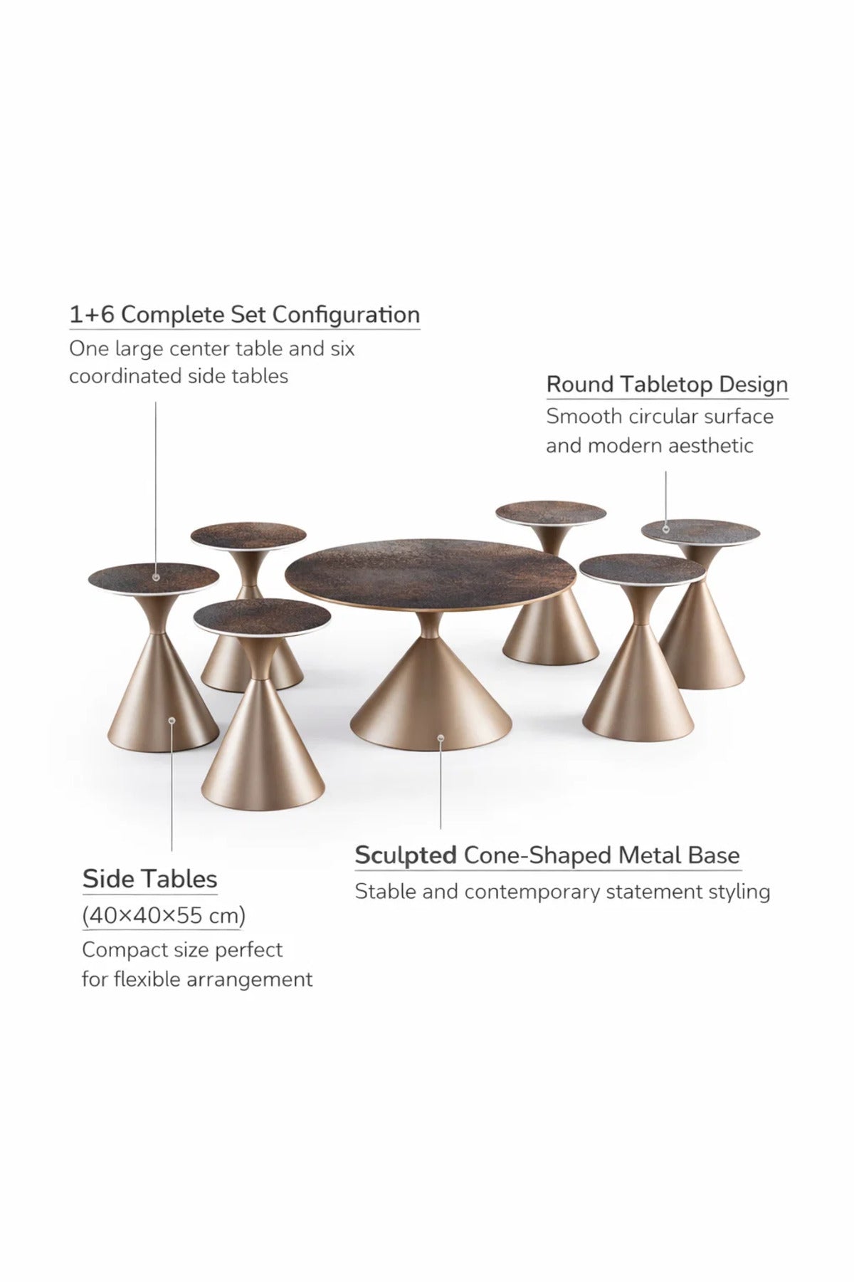 Modern 7-Piece Center Table Set Ceramic Top 1 Large Coffee Table and 6 Side Tables for Living Room
