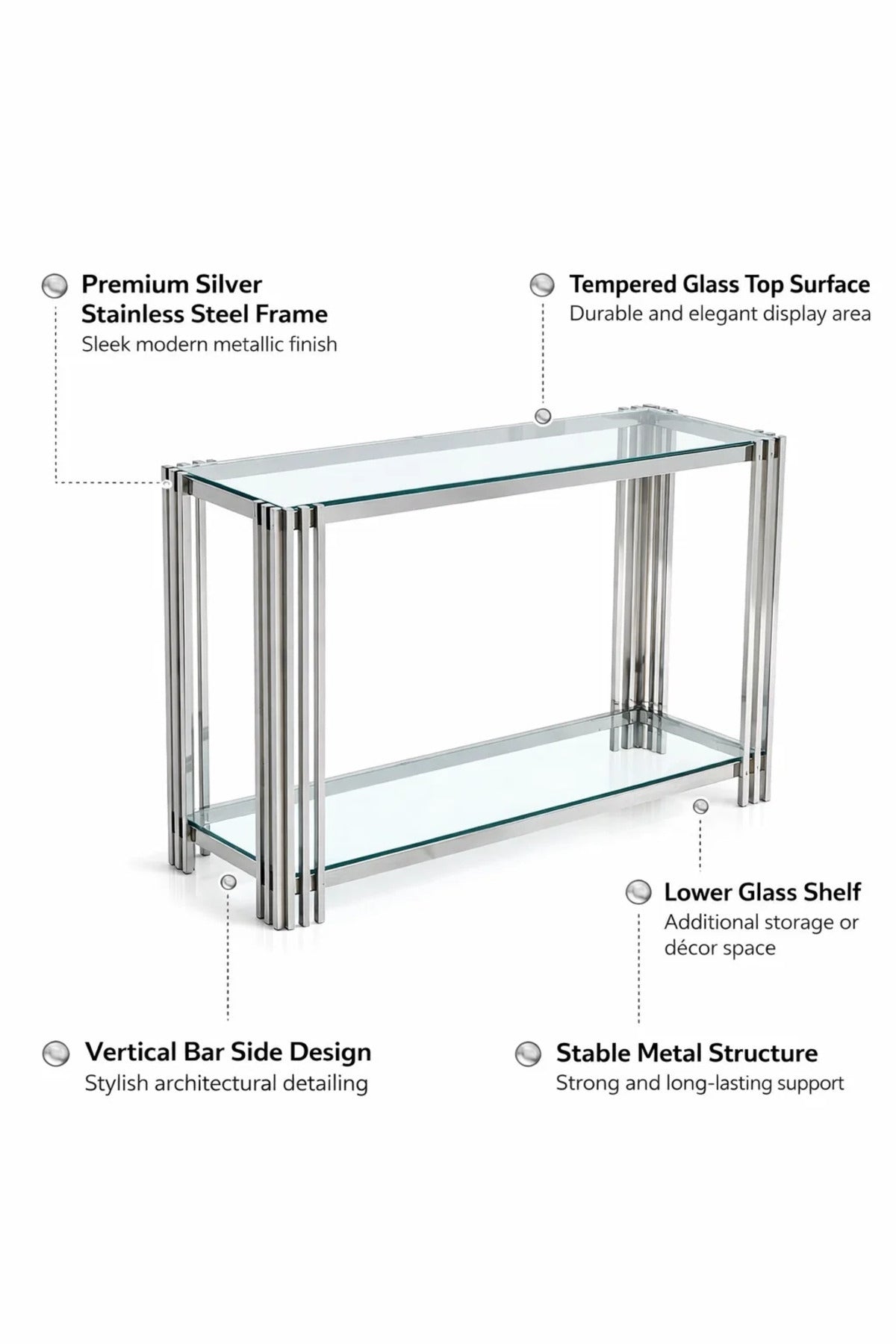 Luxury Silver Console Table with Glass Top for Entryway & Living Room
