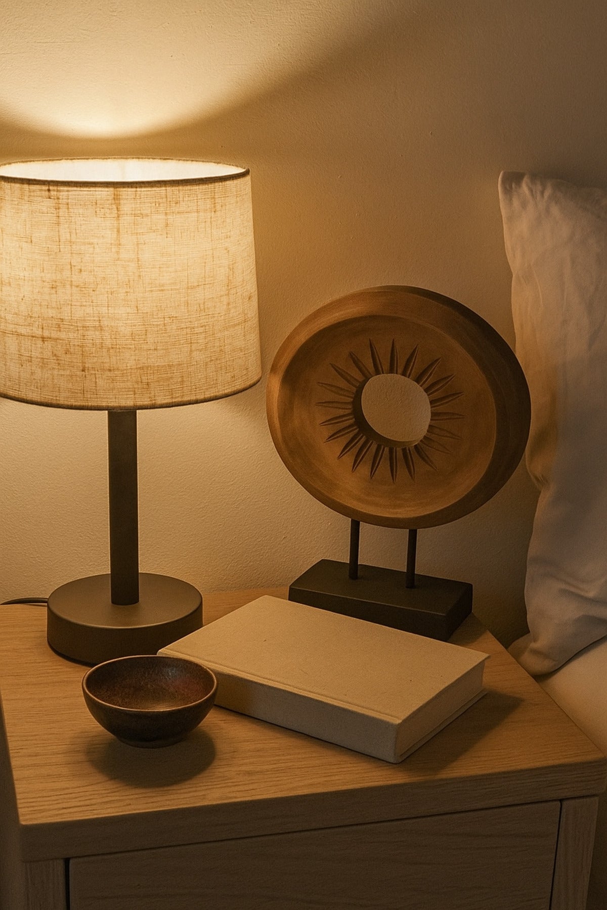Walnut and Black Wooden Round Decorative Sculpture on Stand Ð Modern Home Accent