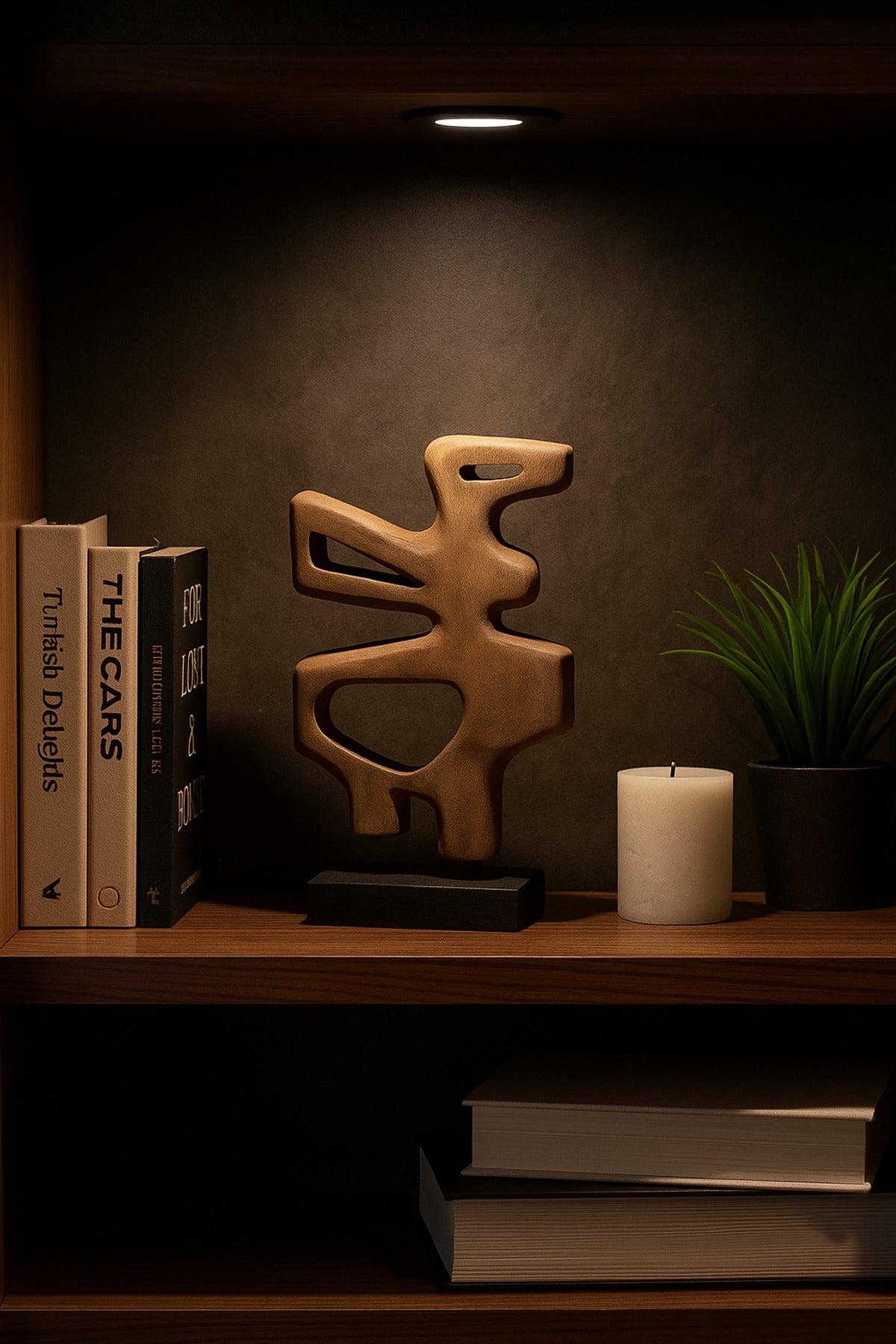 Walnut and Black Wooden Abstract Decorative Sculpture on Stand Ð Contemporary Art Accent