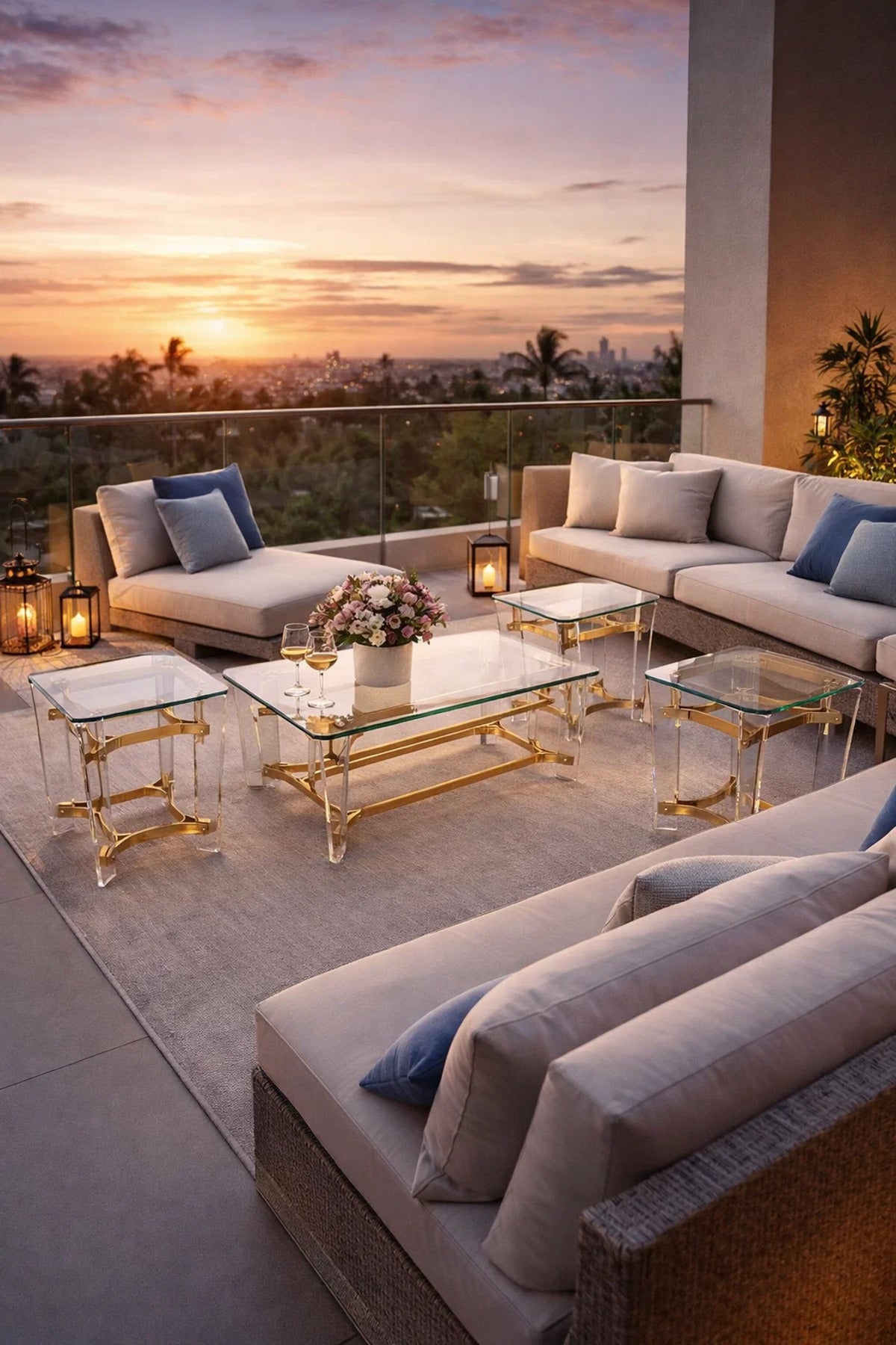 Elegant 5-Piece Glass Coffee Table Set with Gold Acrylic Base √ê Modern Living Room Furniture