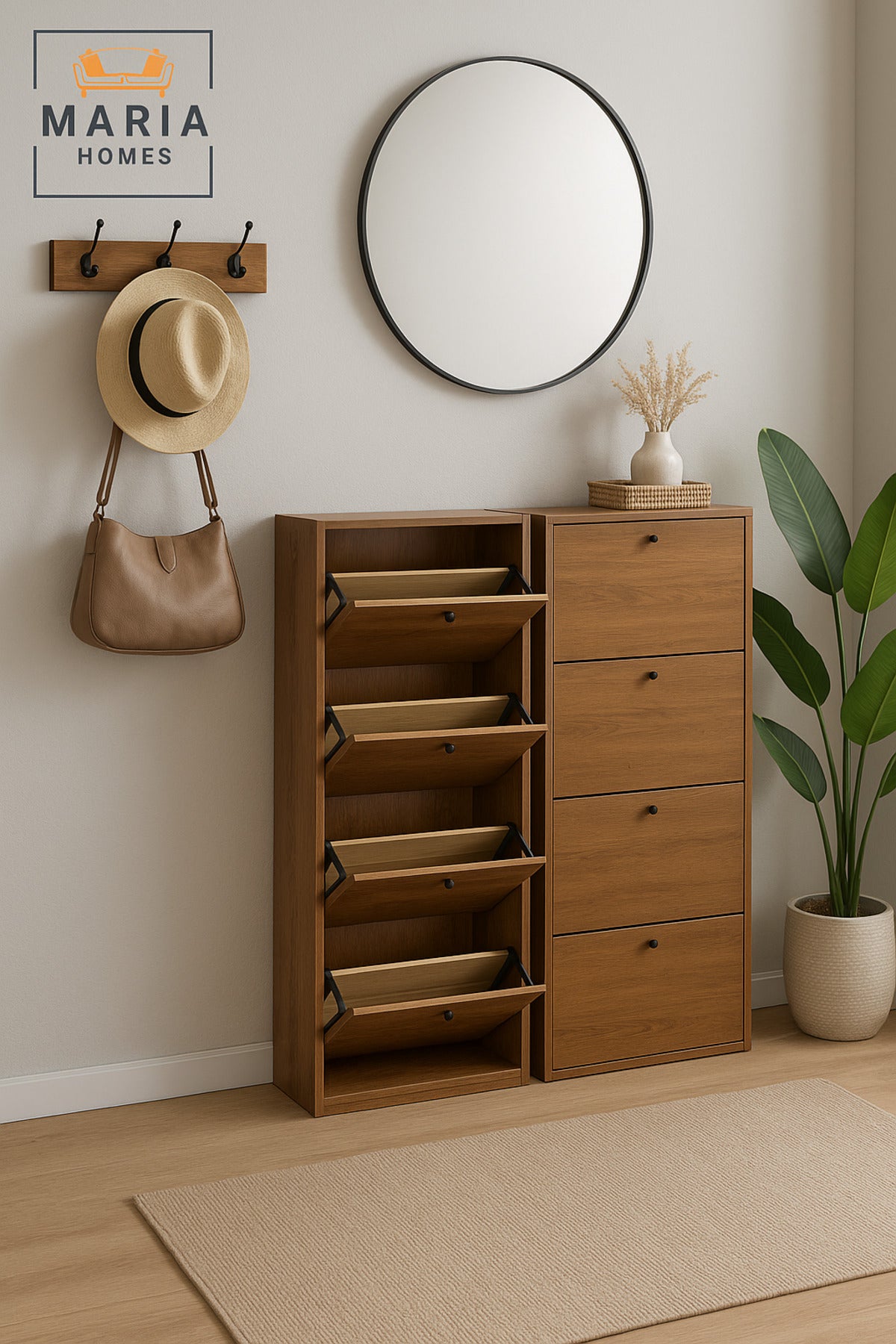 Modern Wooden Shoe Cabinet Ð 4 Flip Drawers Space Saving Shoe Rack Organizer 62_25_158 cm Brown