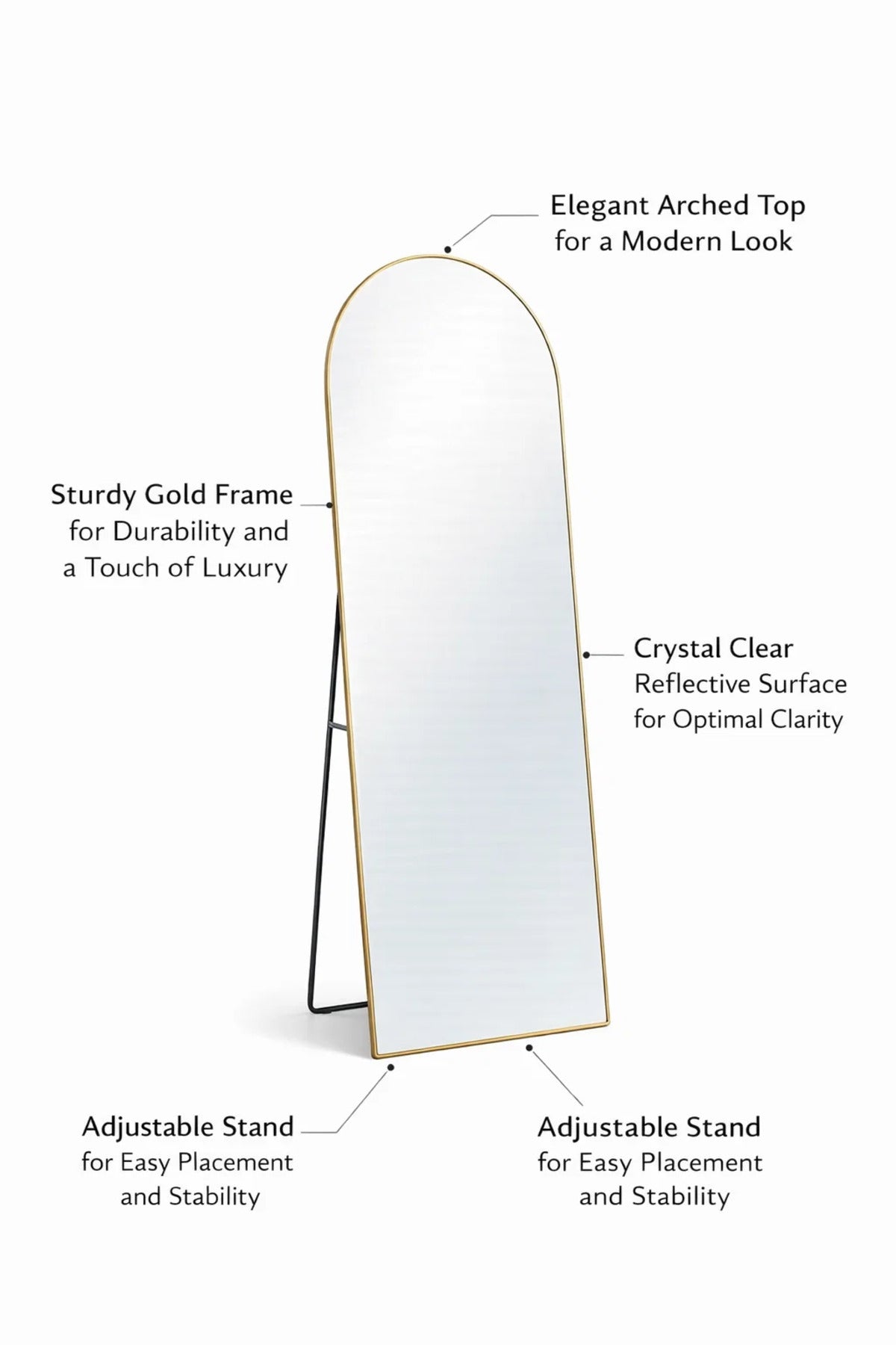Gold Arched Standing Mirror 160x50cm Full Length Floor Mirror with Stand for Bedroom Living Room