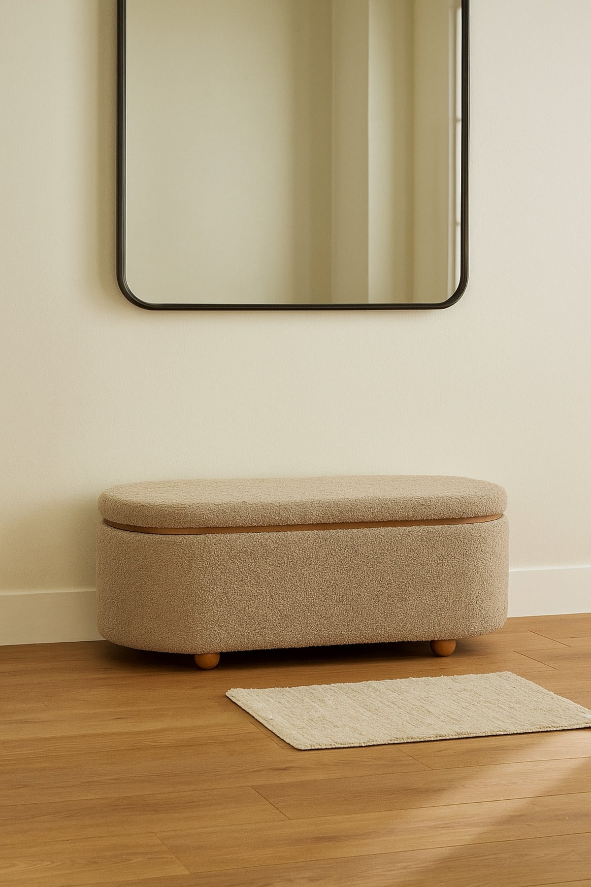 Brown Oval Storage Ottoman Bench with Wooden Base Ð Modern Fabric Seat 109_43_49 cm
