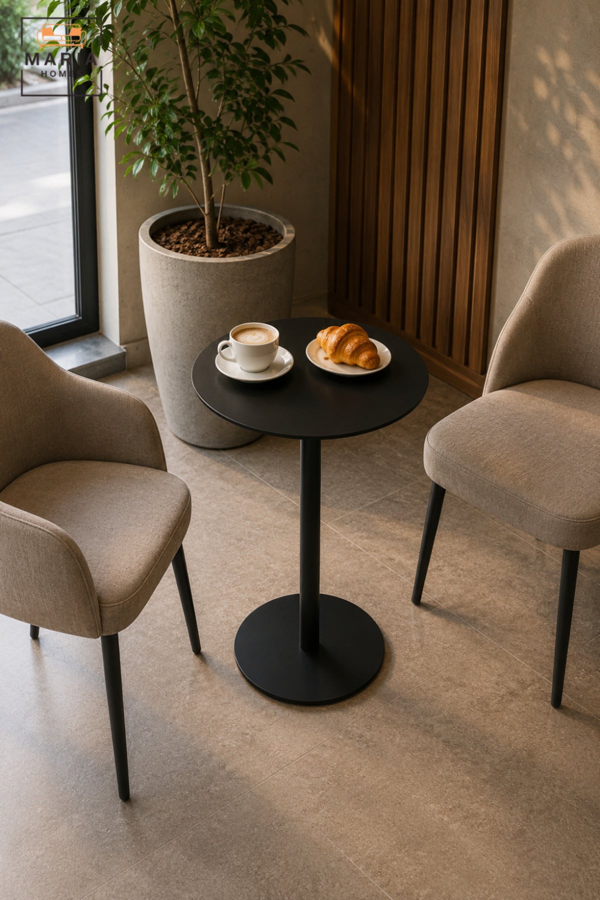 Modern Round Café Table with Slim Pedestal Base, Minimalist Compact Bistro Table for Coffee Shop, Restaurant, Dining Area & Lounge – 37 × 37 × 60 CM