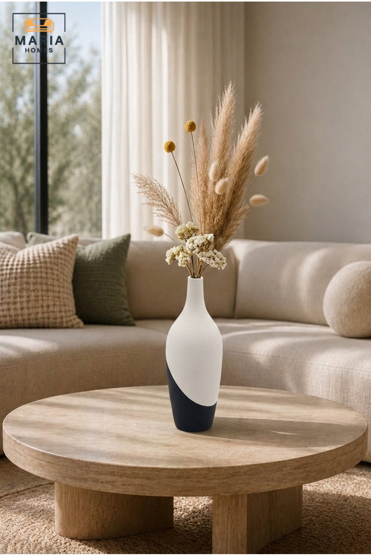 Modern Tall Decorative Flower Vase with Two-Tone Abstract Design, Slender Bottle Shape and Ribbed Texture for Living Room, Bedroom, Office and Console Décor