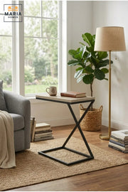Modern C-Shaped Side Table with Stone-Effect Top & Geometric Base, Contemporary Sofa End Table for Living Room, Bedroom & Lounge