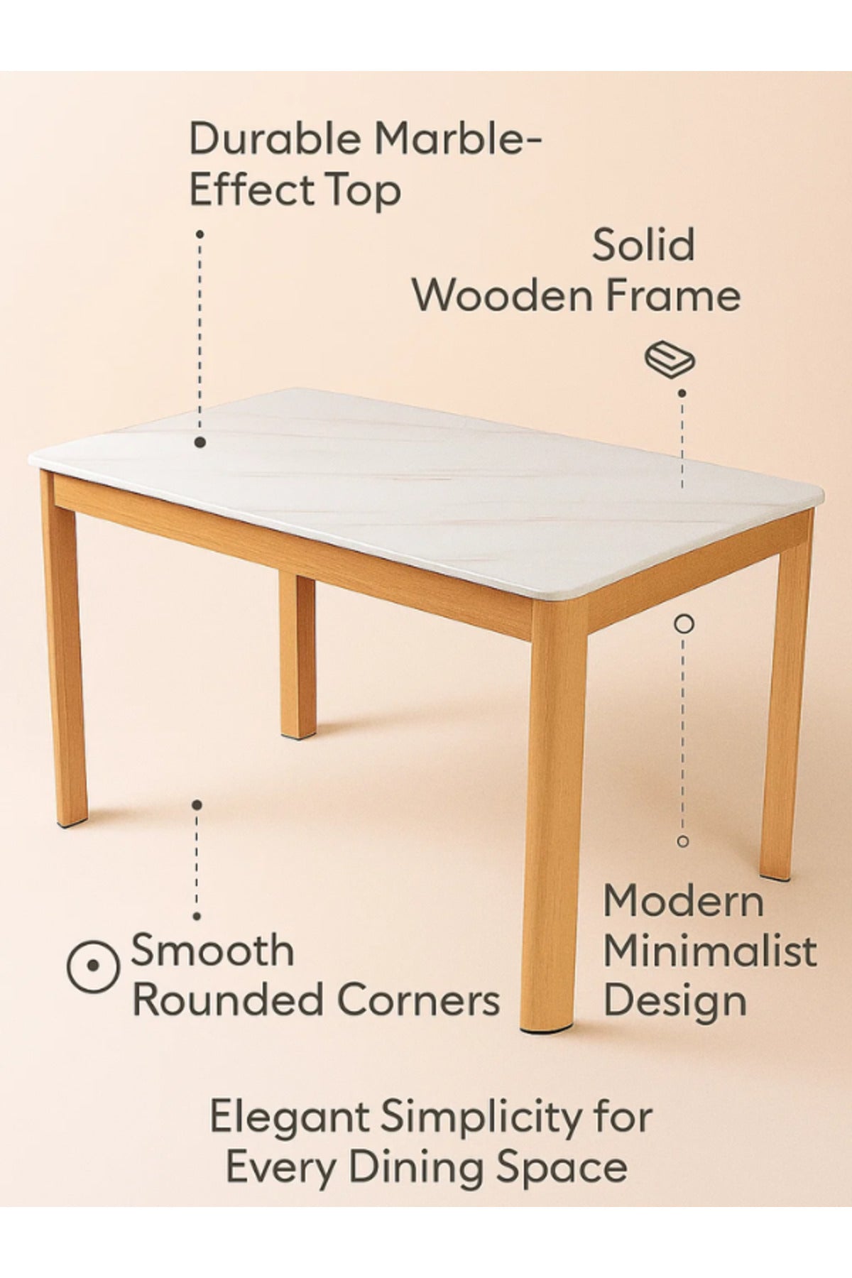 Modern Dining Table Ð 130_80_76 cm Marble Top with Wooden Legs for Home & Kitchen