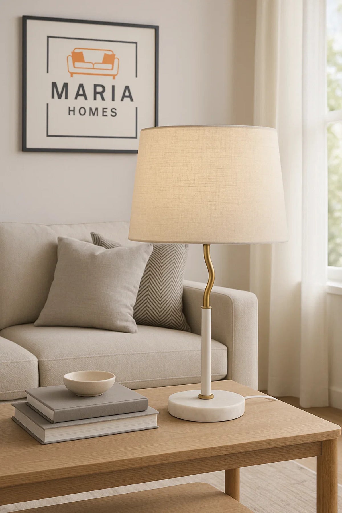 White Marble Table Lamp with Curved Gold Neck