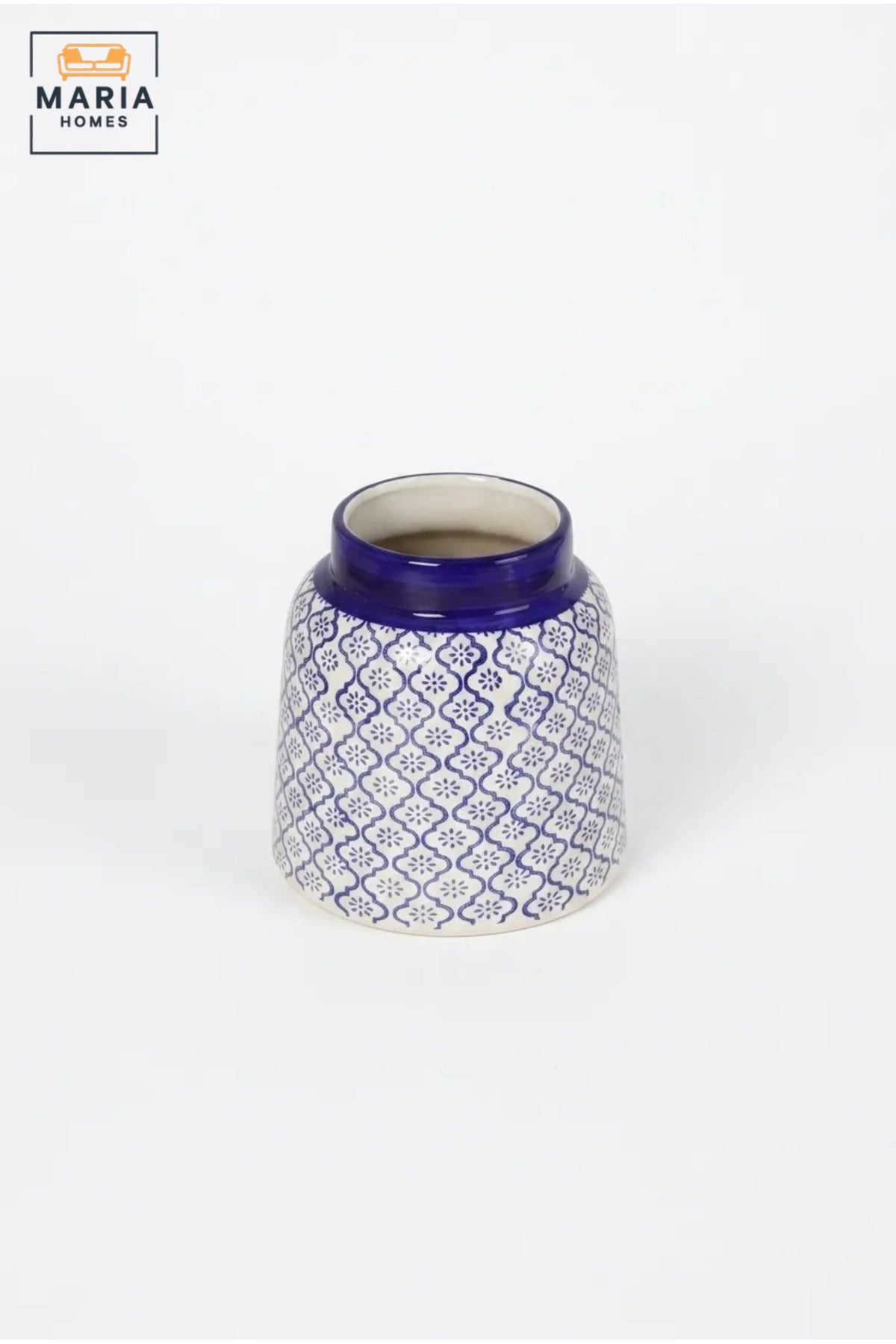 Blue and White Patterned Decorative Vase, Modern Ceramic Flower Holder with Wide Glossy Rim for Living Room, Bedroom, Office, Shelf and Table Décor
