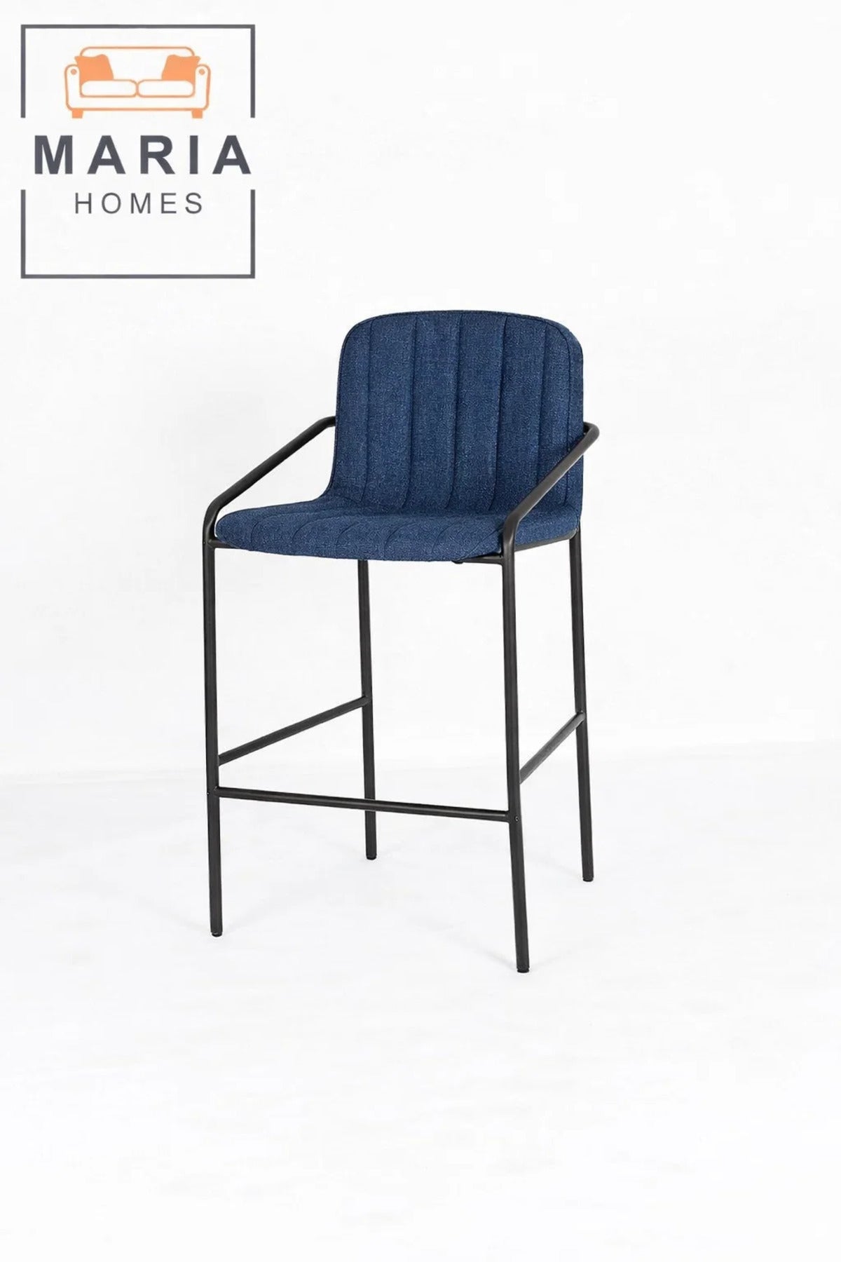 Deep Blue Upholstered Bar Stool with Black Metal Frame Ð Modern Counter Chair with Armrests