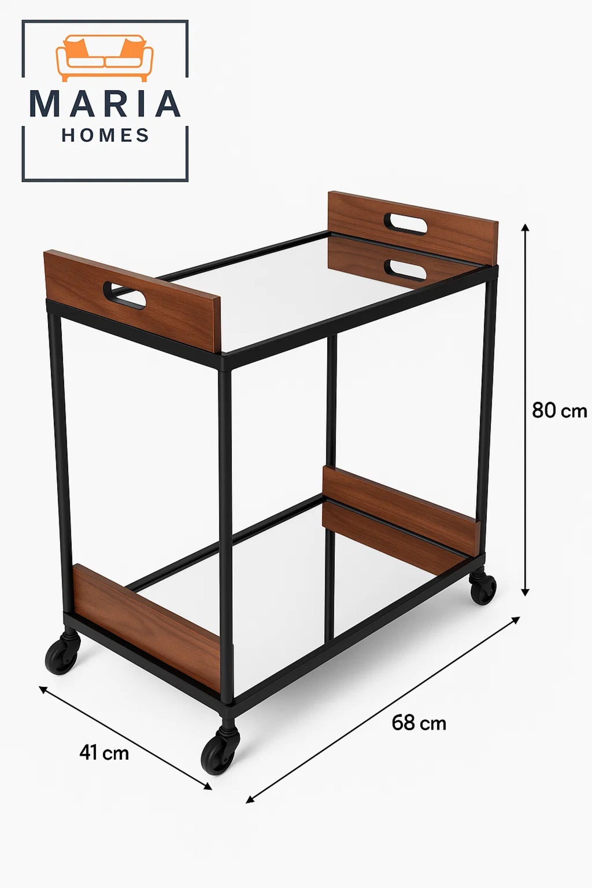 Modern Mirror Bar Cart Ð 2-tier Serving Trolley With Wood Accents And Black Metal Frame On Wheels