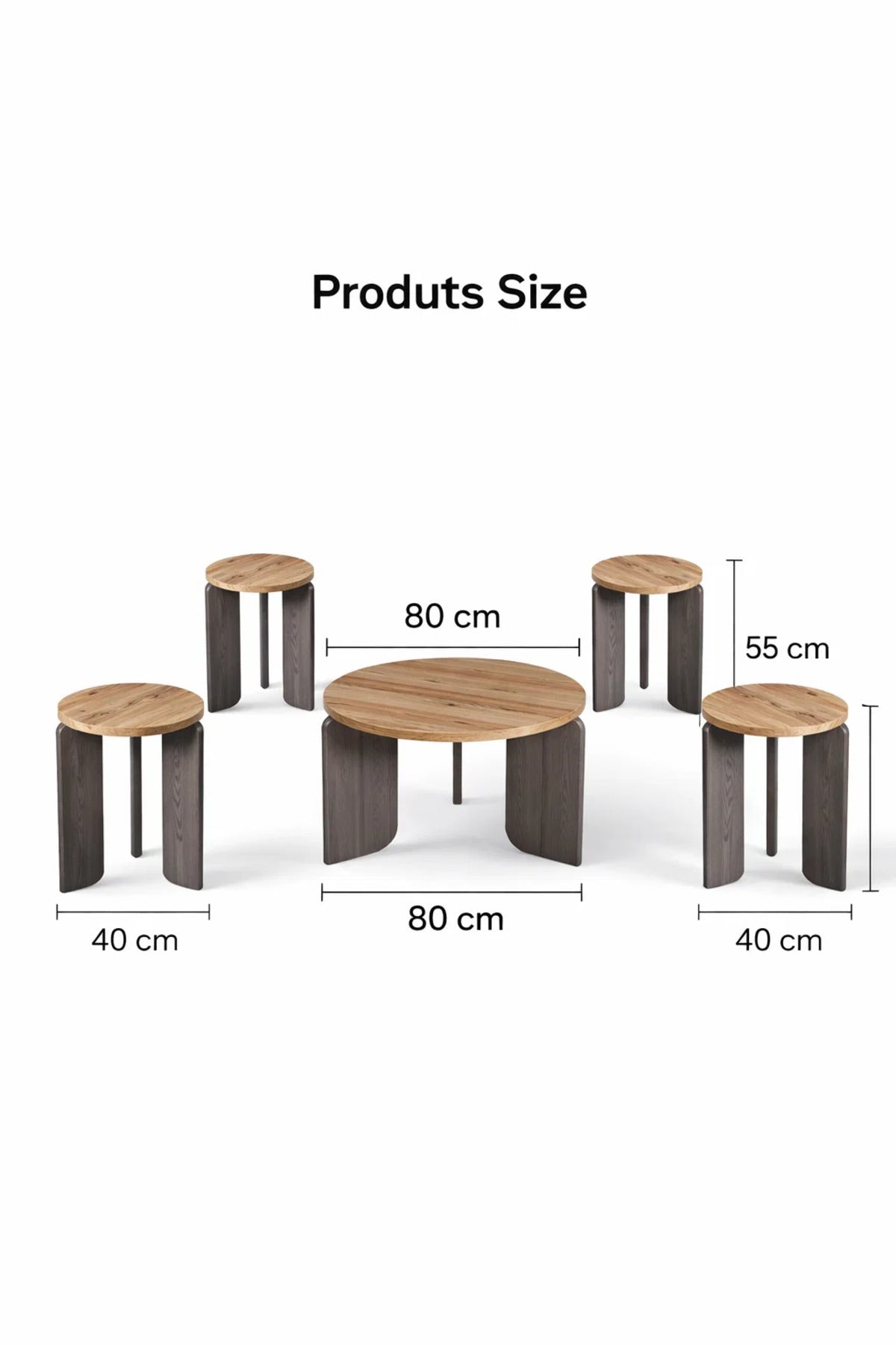 Modern 5-Piece Round Coffee Table Set Wood & Grey Center Table with 4 Side Tables Living Room