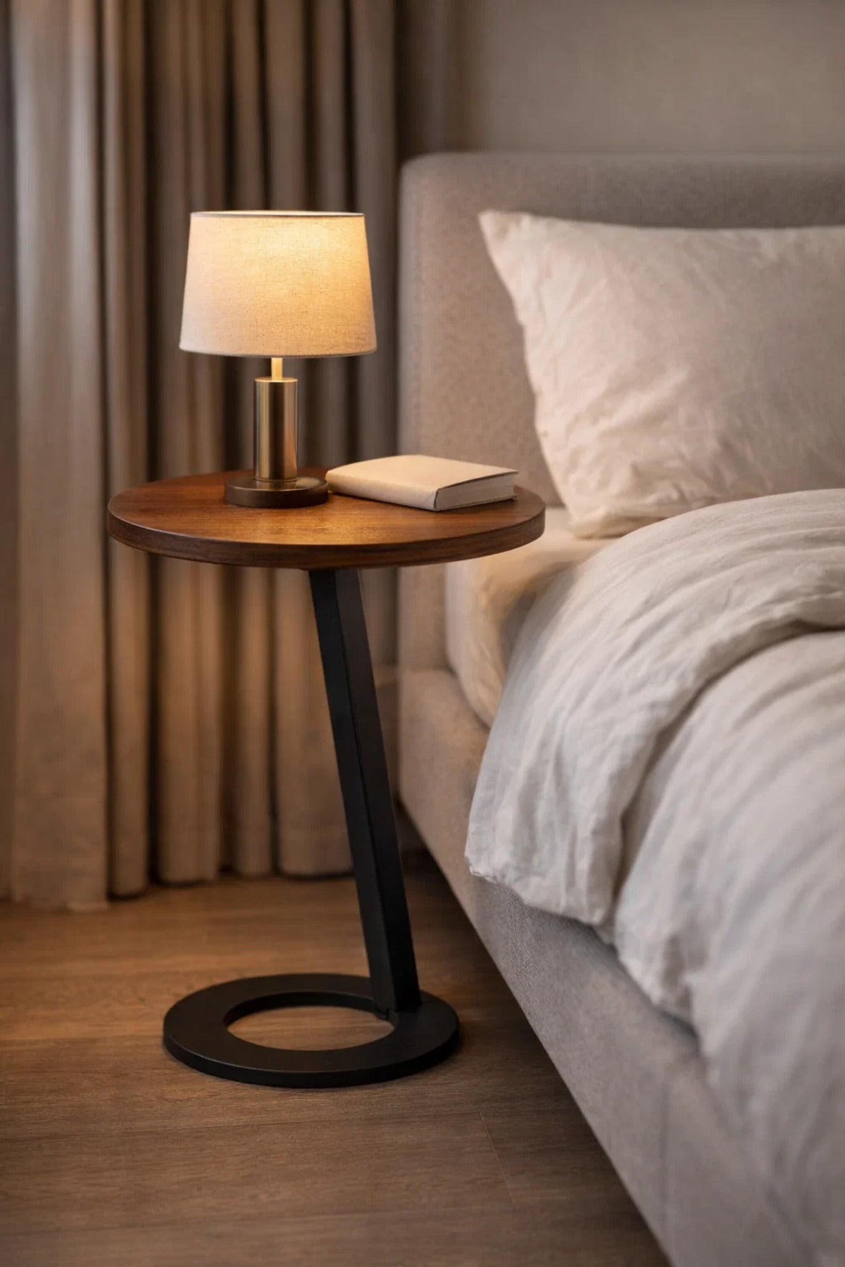 Brown Round Side Table 45_45_60 CM Wooden Top with Black Metal Base brown round side