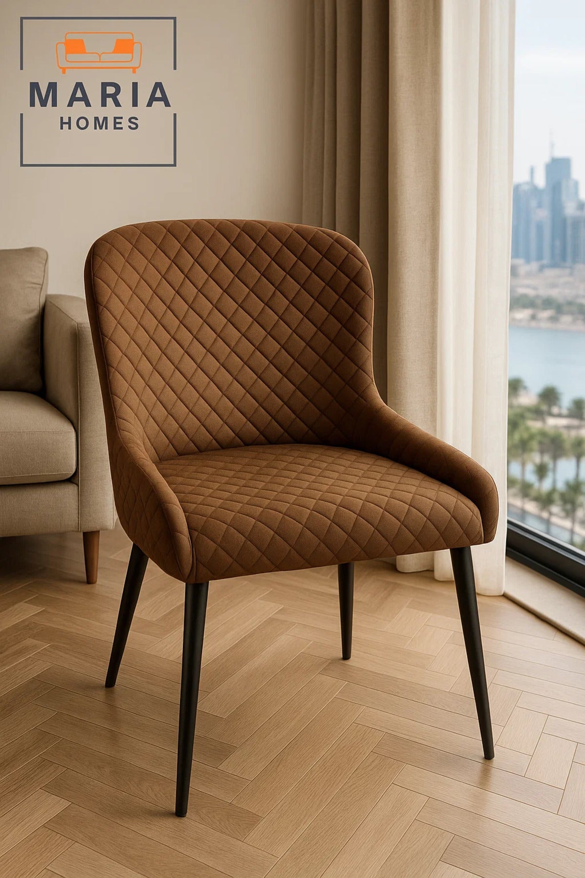 Brown Quilted Velvet Dining Chair Ð Padded Upholstered Seat with Black Metal Legs for Home or CafŽ