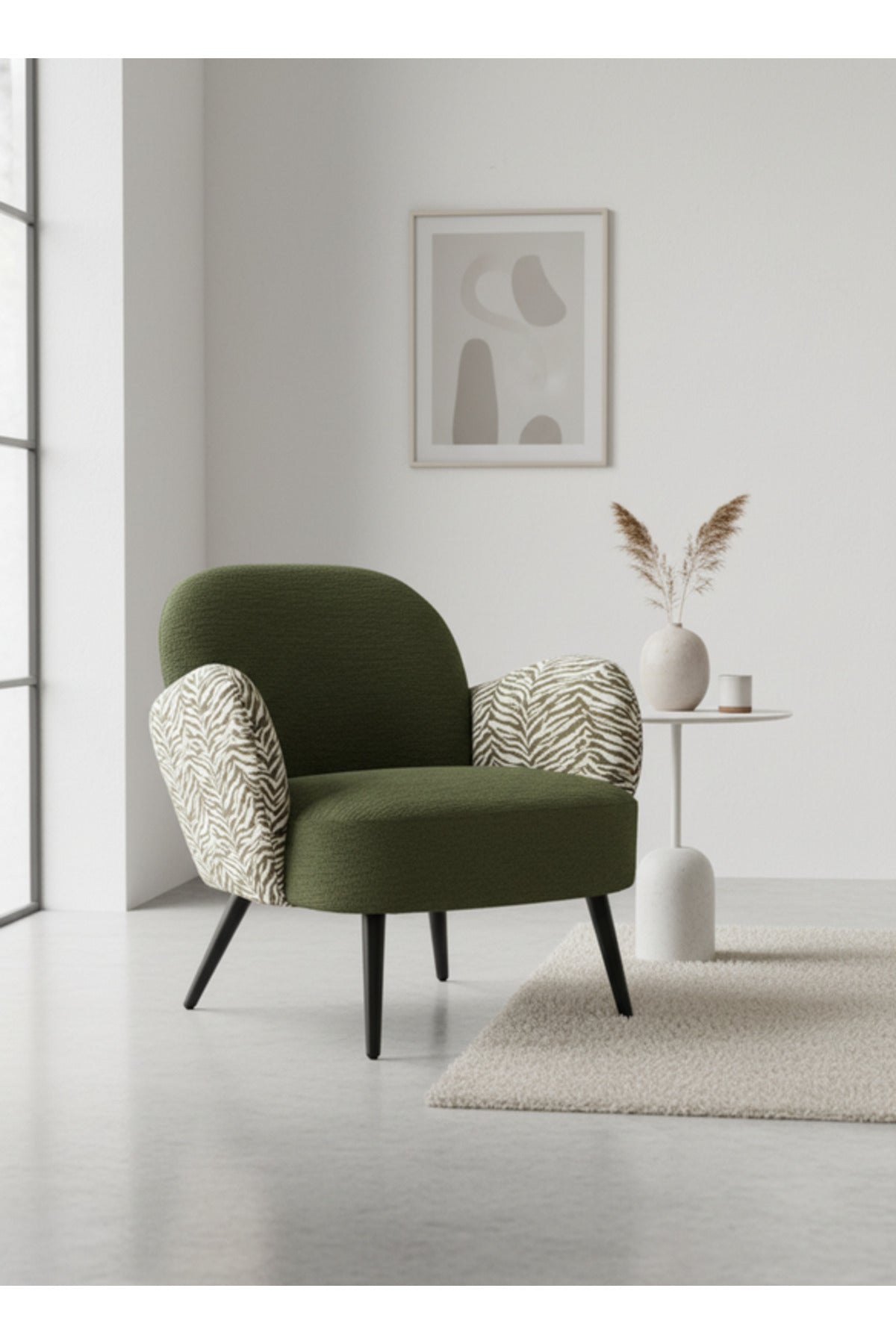 Modern Green Upholstered Accent Armchair with Patterned Armrests Living Room Chair