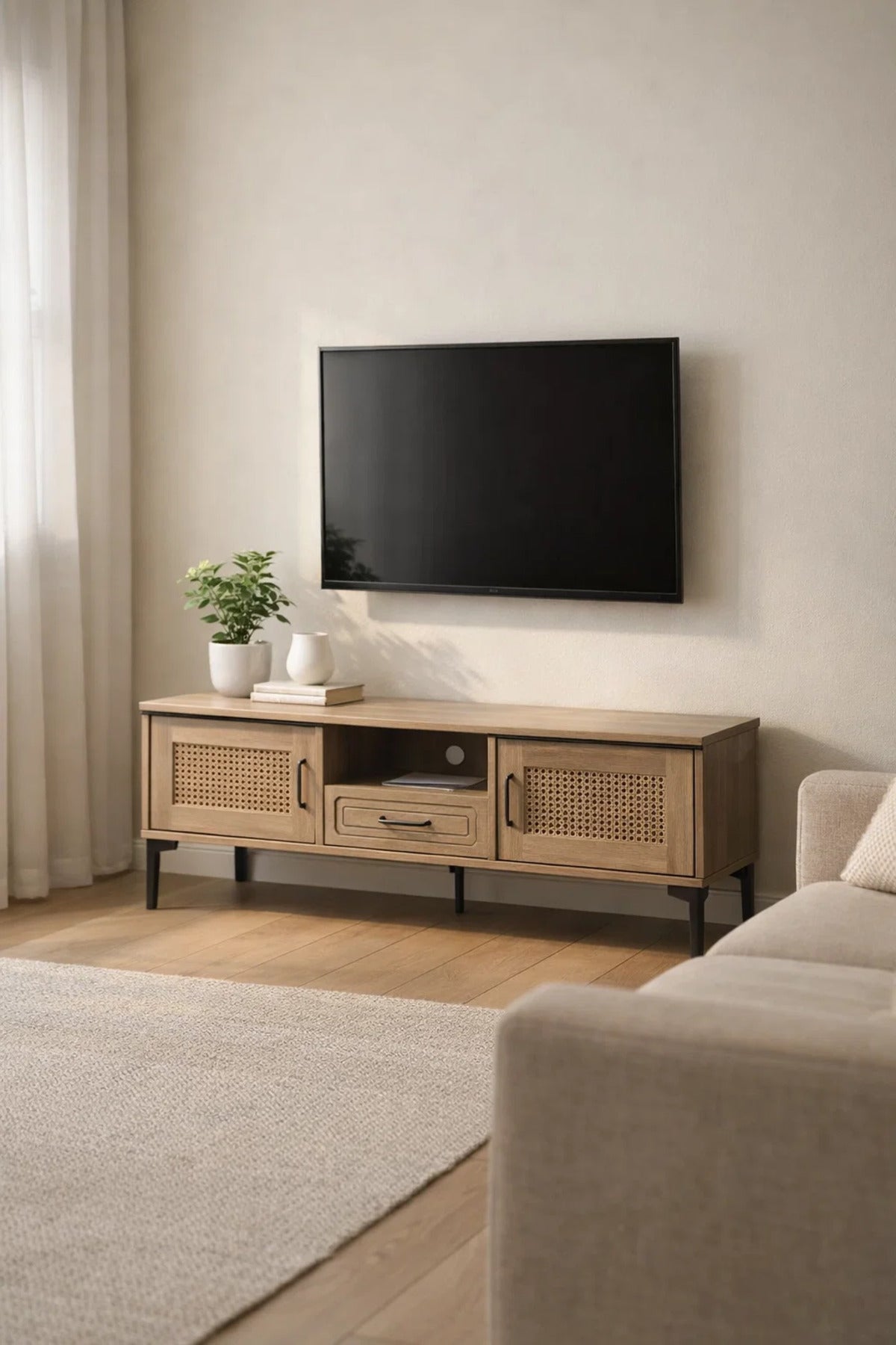 Natural Wood TV Stand √ê 140x40x46 cm Modern Plasma Table with Cabinets & Drawer