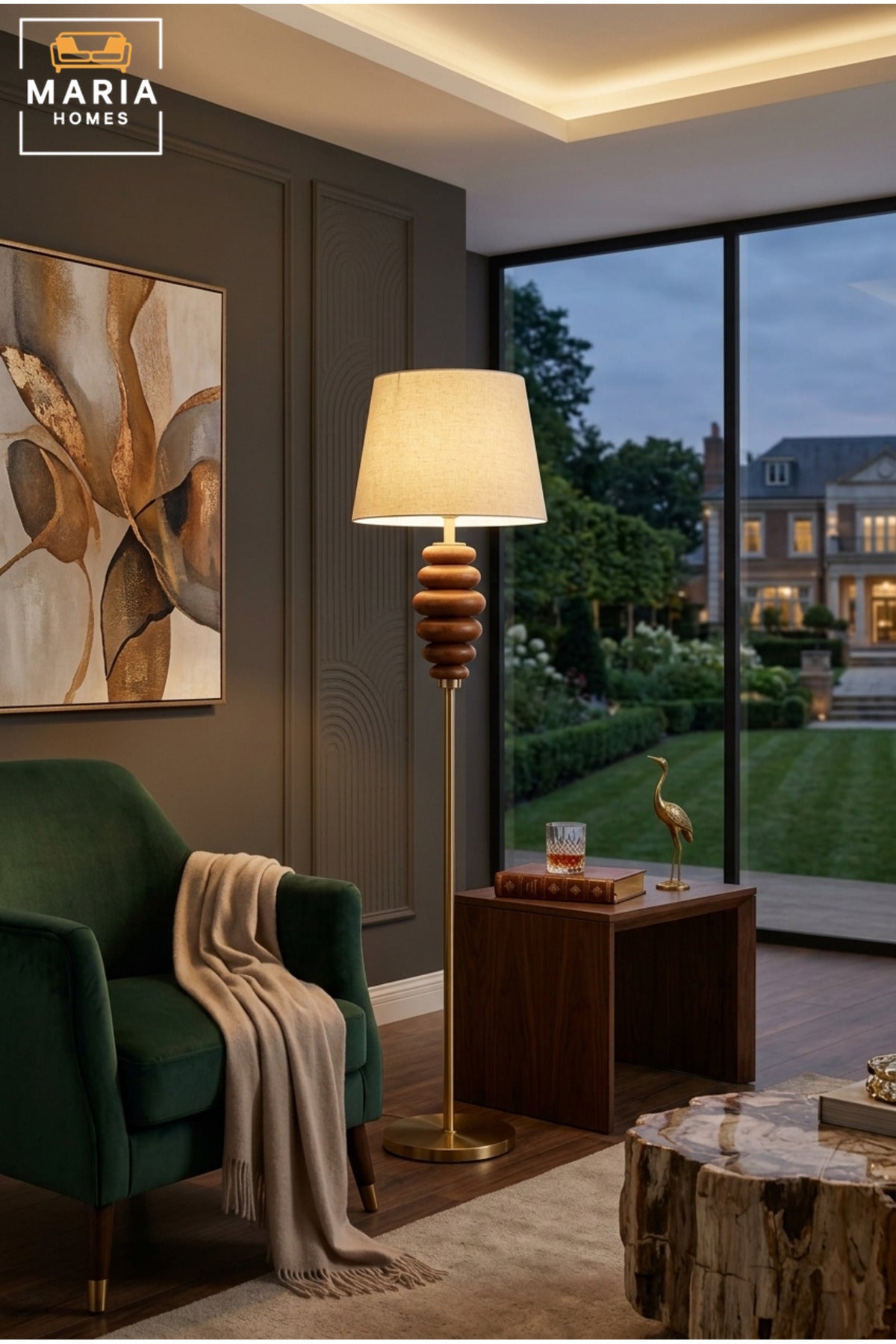 Modern Gold Floor Lamp with Sculptural Stacked Wooden Detail, Fabric Shade and Round Base Decorative Standing Light for Living Room Bedroom and Office