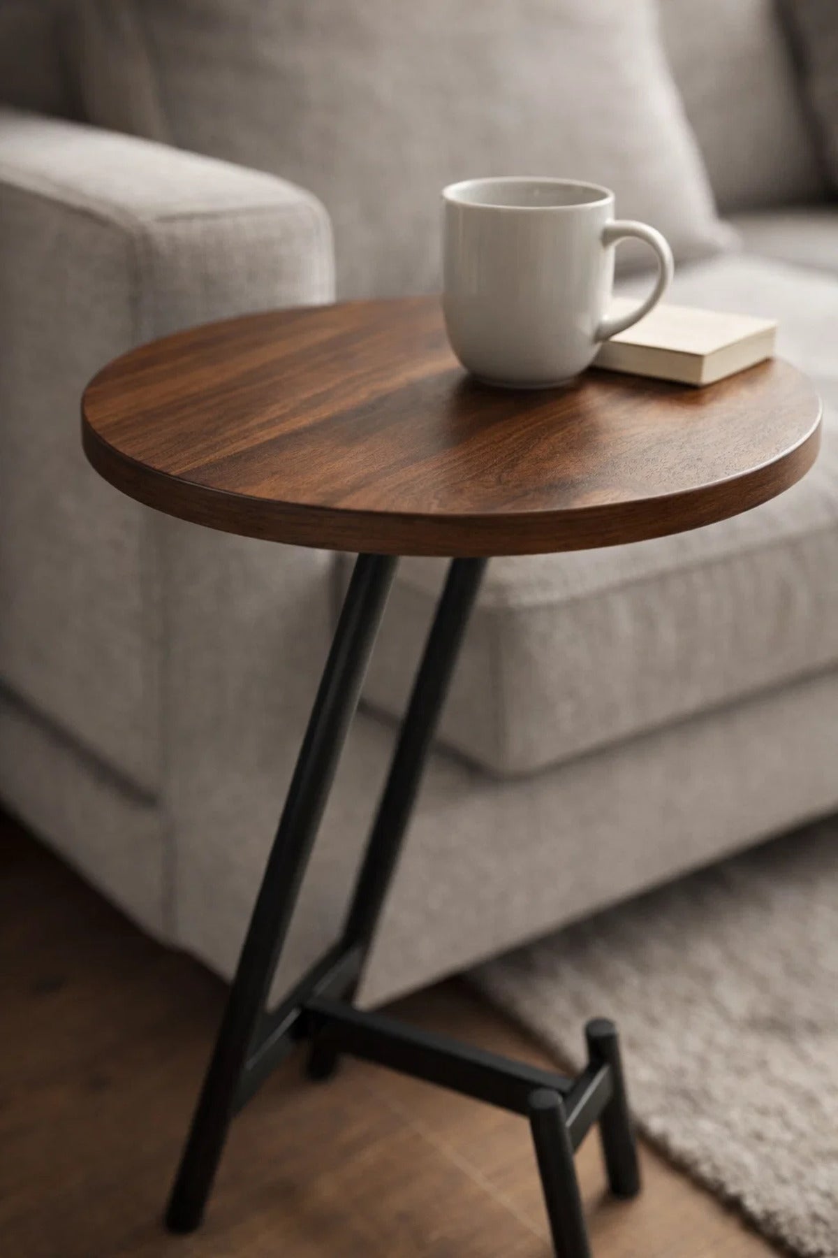Stylish Brown Wood Side Table with Black Metal Base, 45x45x60 CM stylish brown wood