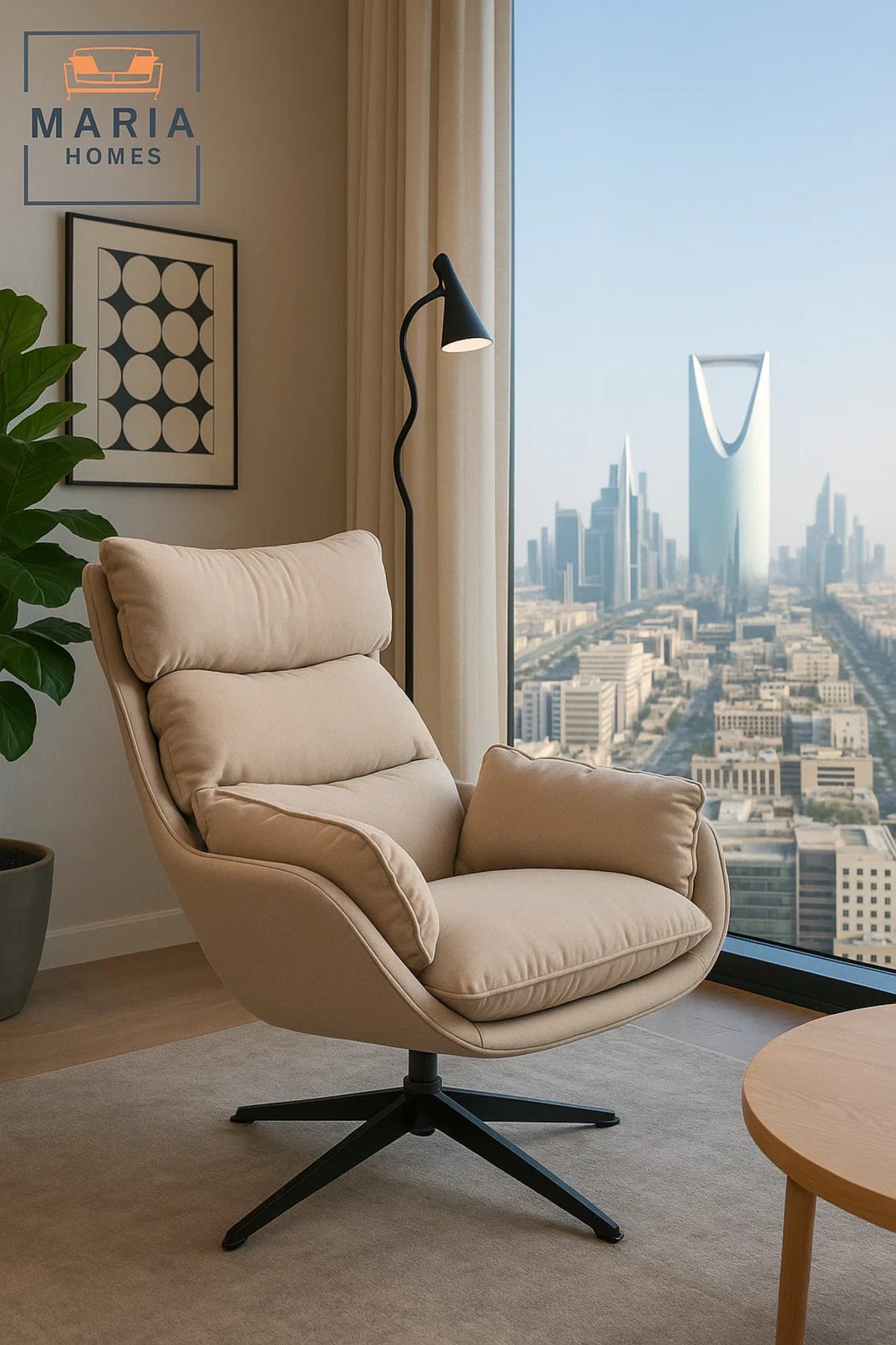 Beige Faux Leather Lounge Chair with Cushioned Headrest Ð Modern Accent Chair for Home & Office