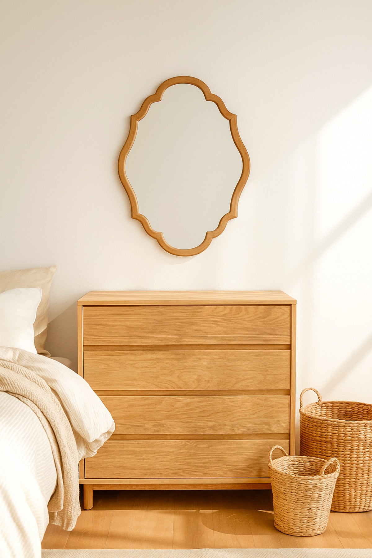 Decorative Wall Mirror with Curved Wooden Frame Ð Natural Finish 60_90 cm