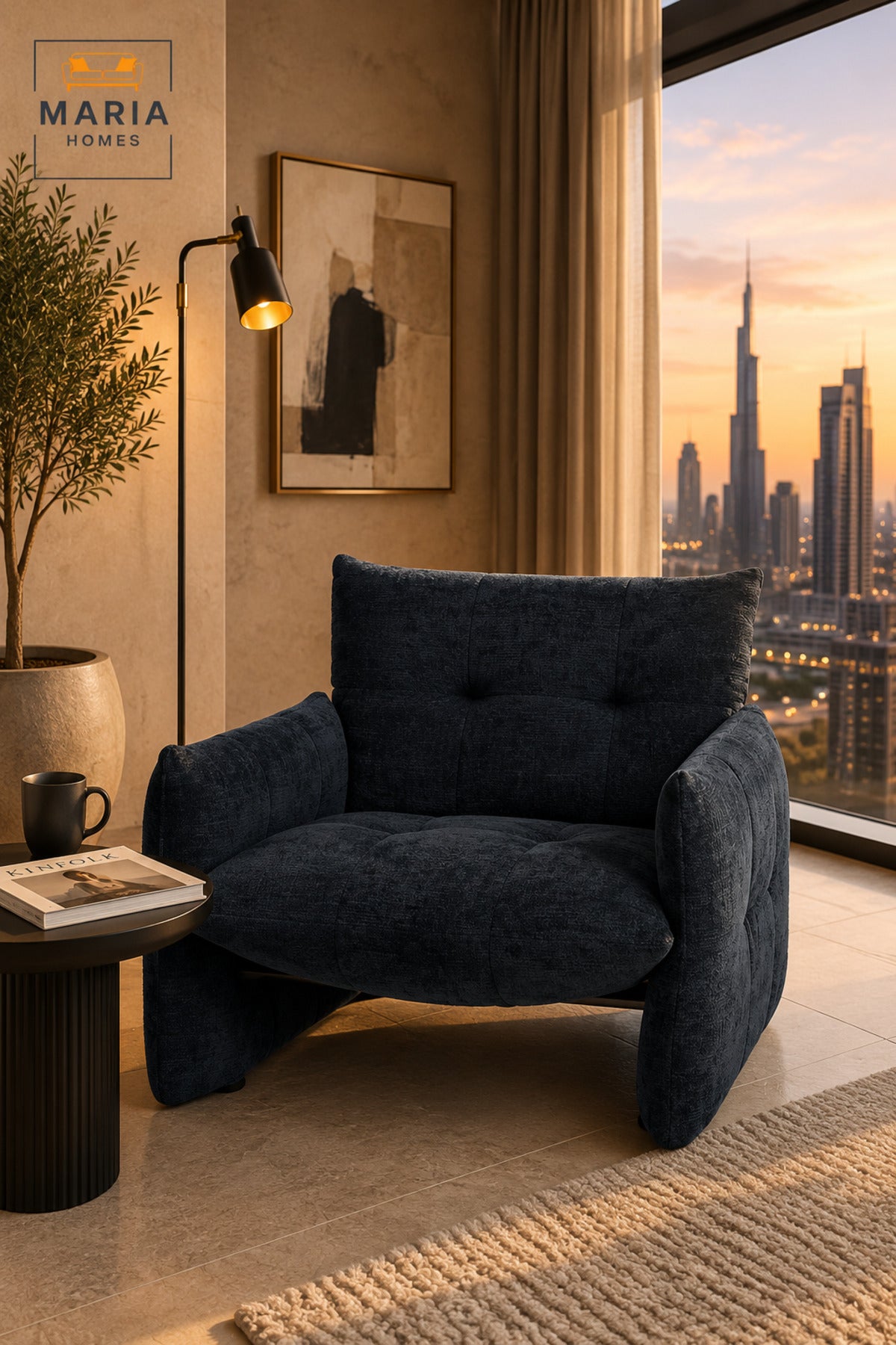 Modern Dark Blue Accent Chair Upholstered Lounge Armchair Comfortable Living Room Furniture