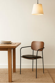 Dark Walnut Dining Chair Ð Modern Wood and Metal Armchair with Black Seat for Dining Room