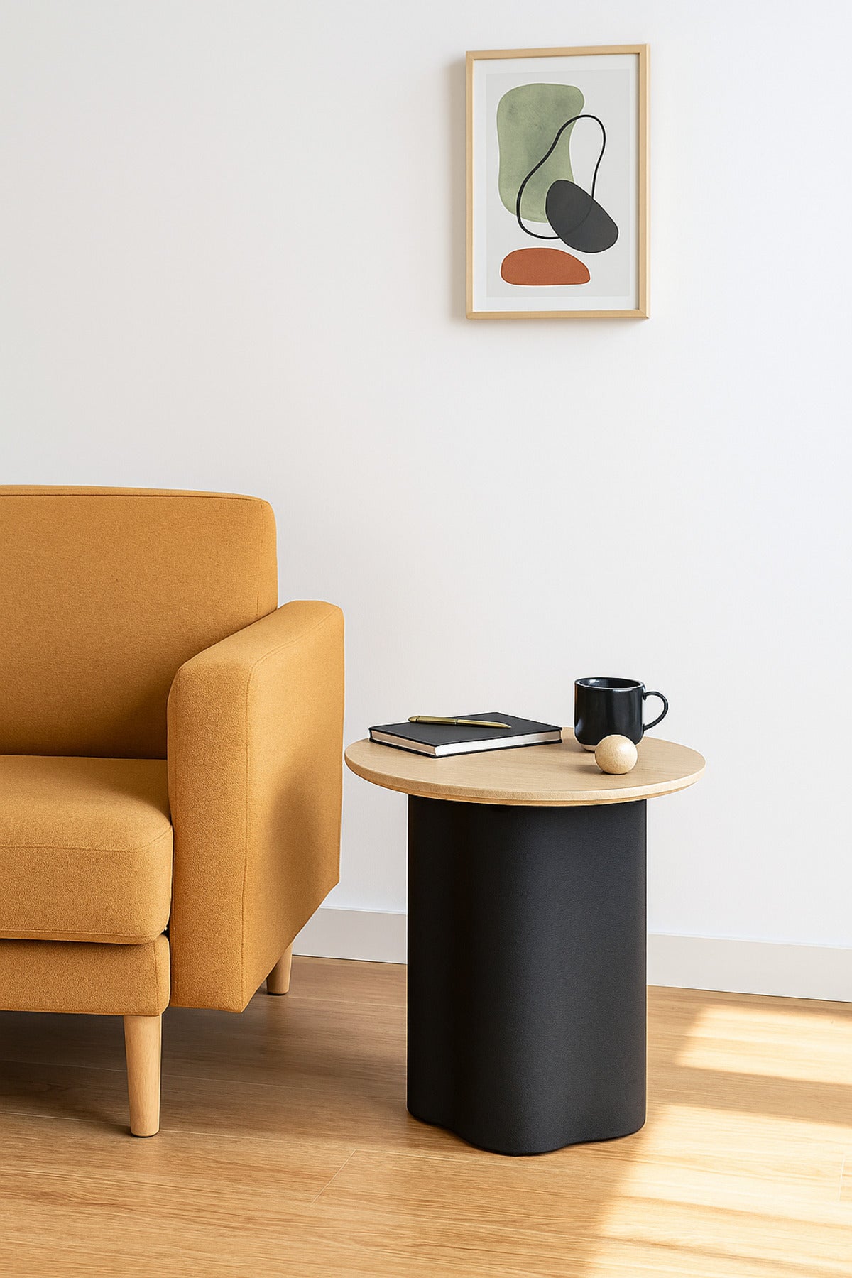Round Black Coffee Table with Wood Top Ð Modern Side Table 45_55 cm