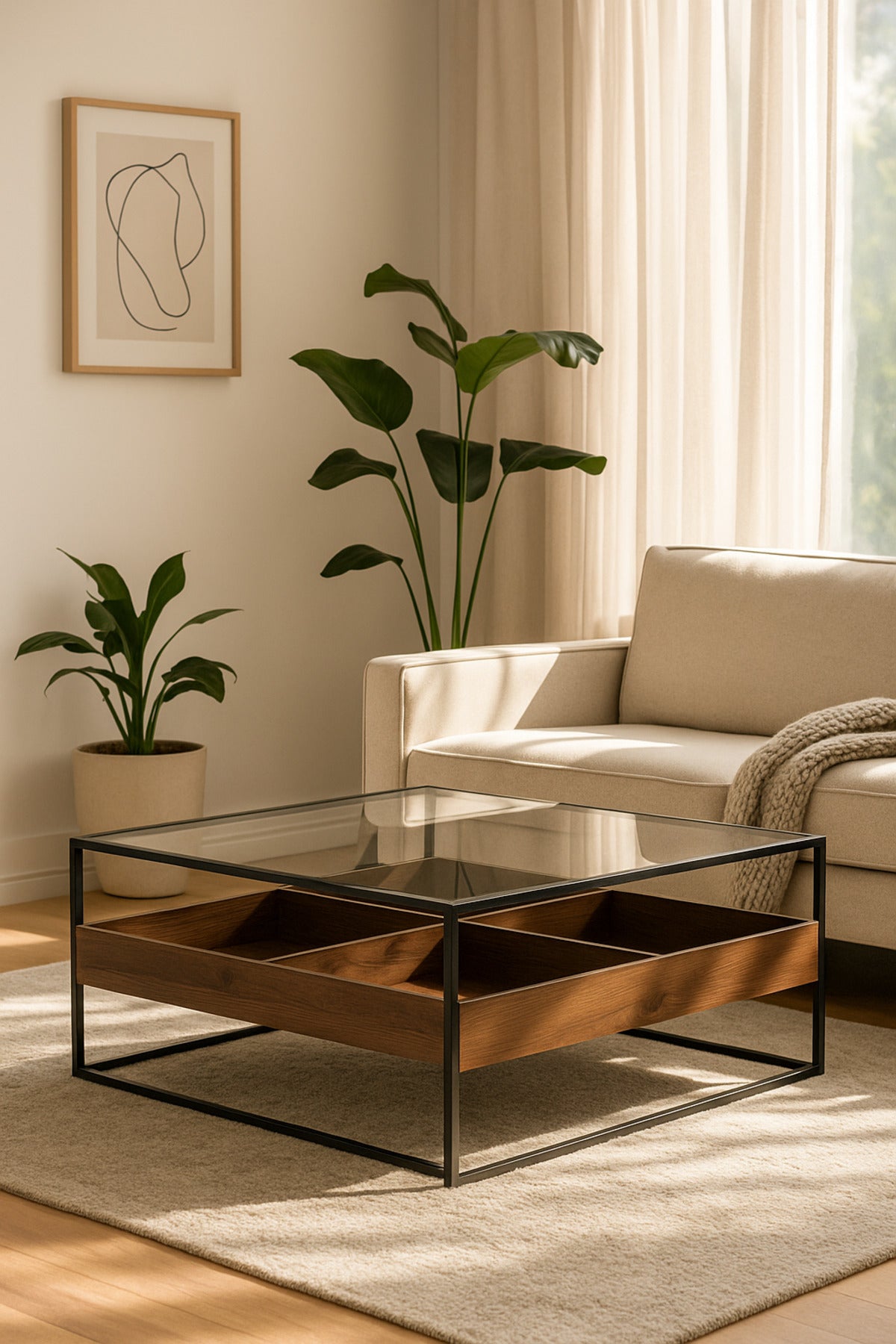 Walnut Coffee Table with Glass Top & Black Metal Frame Ð Modern Square 100_100_45 cm
