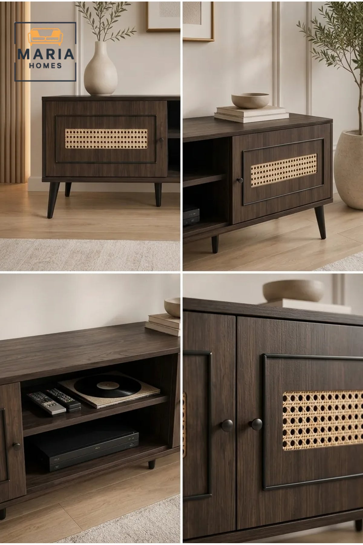 Modern Dark Walnut Rattan TV Unit 180 _ 40 _ 45 cm √ê Entertainment Center with Storage Cabinets and Open Shelves