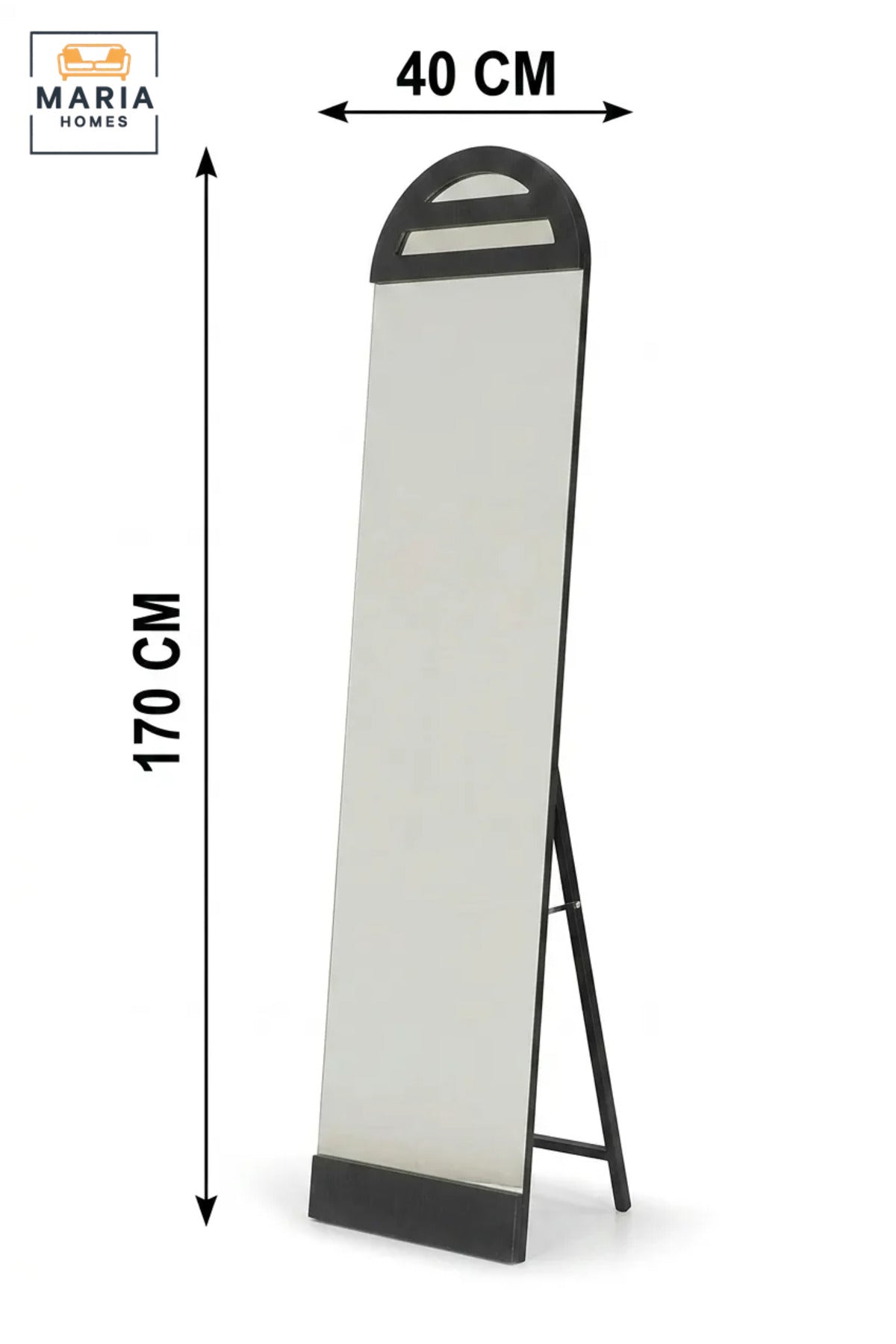 Modern Black Full Length Floor Mirror with Arched Wooden Frame and Freestanding Support for Bedroom, Dressing Room, Entryway, Salon and Boutique
