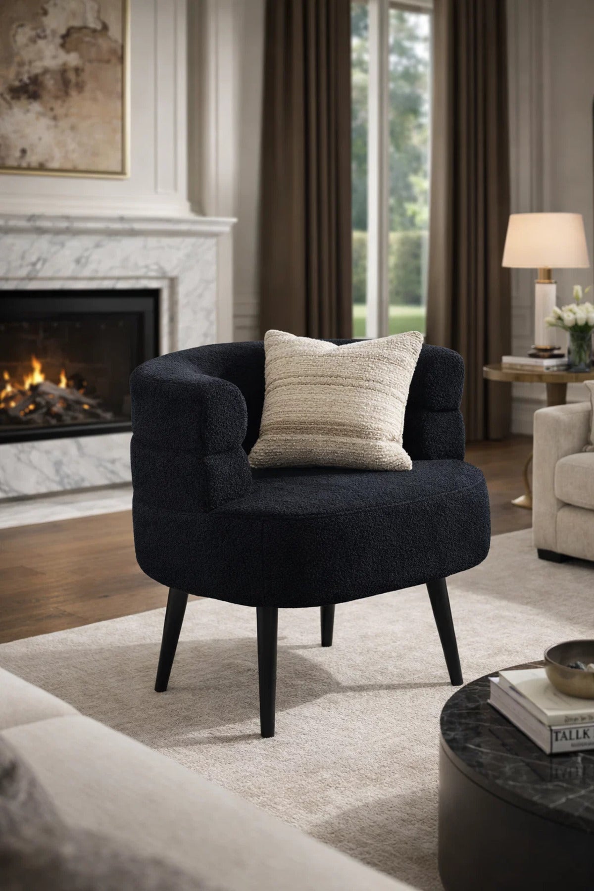 Luxury Black Boucle Single Armchair with Wooden Legs Modern Curved Design for Stylish Interiors