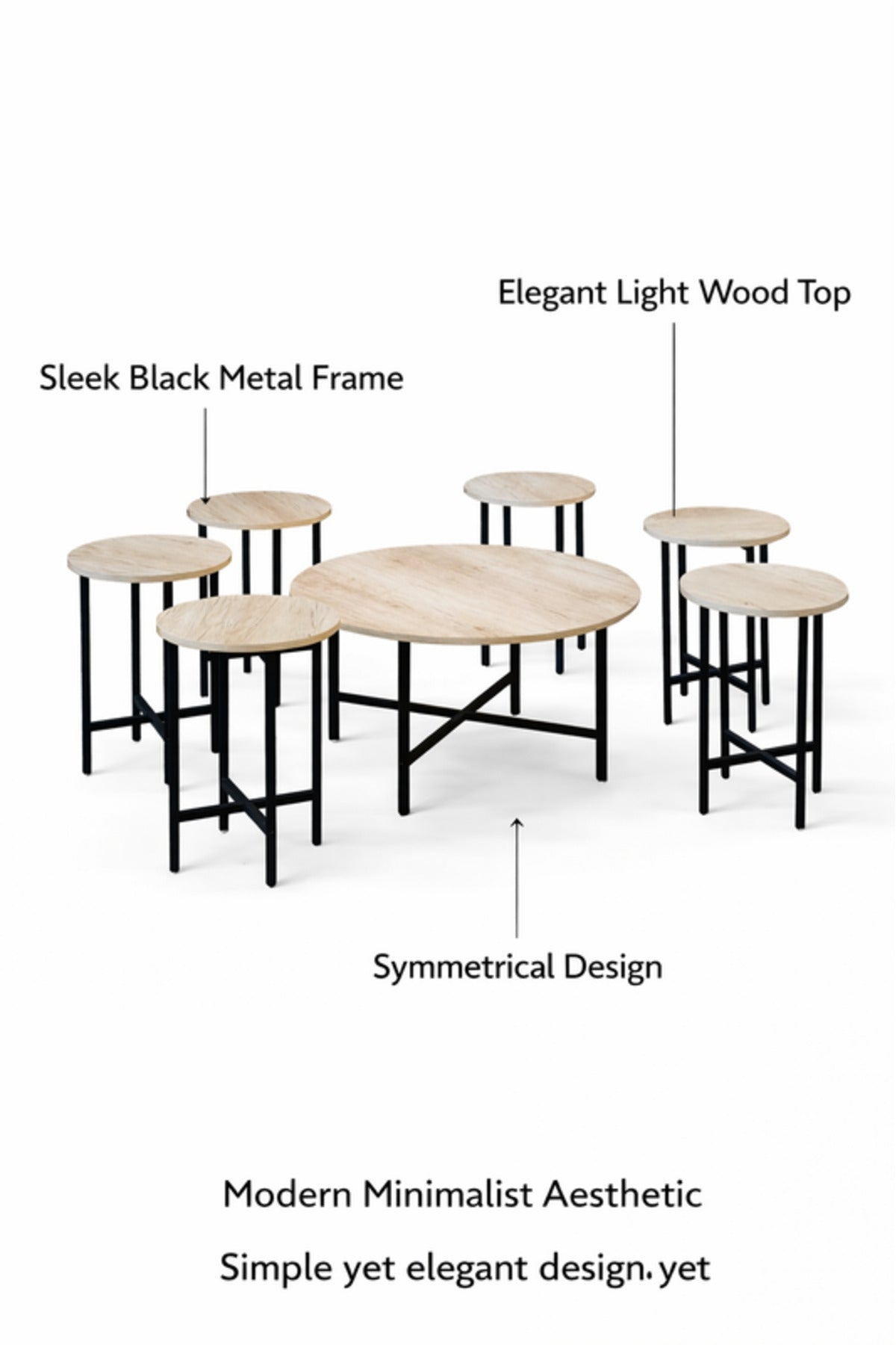 7-Piece Round Coffee Table Set Light Wood Top Black Metal Legs Modern Living Room Furniture 1+6